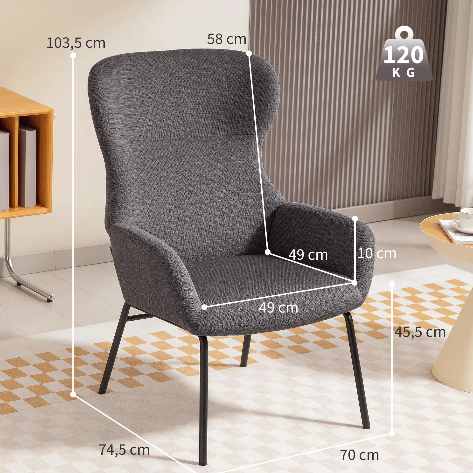 HOMCOM Sillón con Patas de Acero, Respaldo Alto, con Aspecto de Lino, para Dormitorio, Color Gris Oscuro
