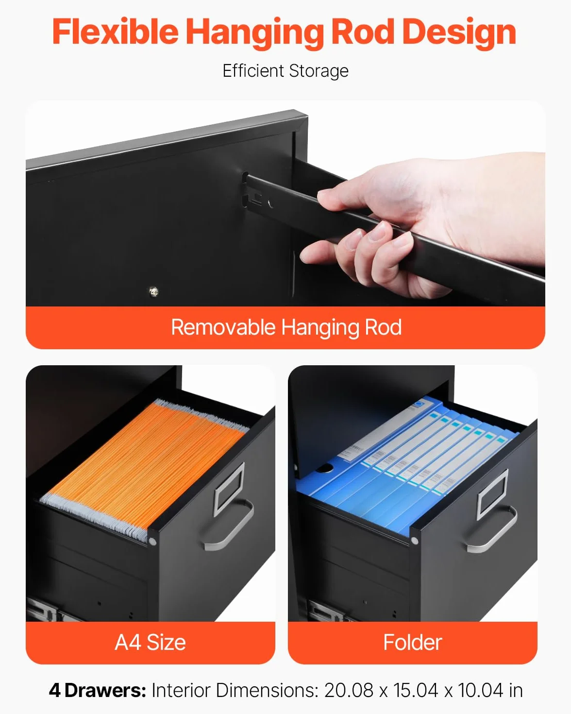 VEVOR Archivador Vertical de Metal, Archivador Vertical 450 x 620 x 1340 mm de 4 Cajones con Cerradura, Barra de Suspensión Desmontable para Archivos de Tamaño A4/Carta/Legal para Oficina, Negro