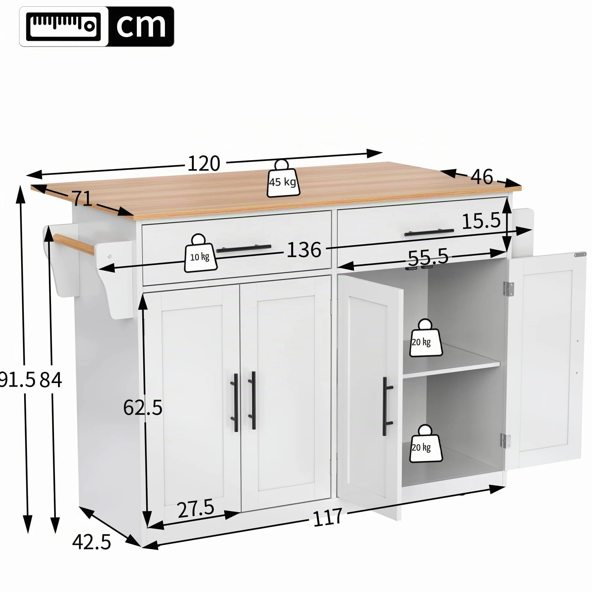 Isla de Cocina Armario de Cocina con Encimera con Tablero Plegable, 120 x 46 (70) x 91 cm, con Ruedas y Patas de Madera Intercambiables, Independiente, Azul Cielo, Moderno