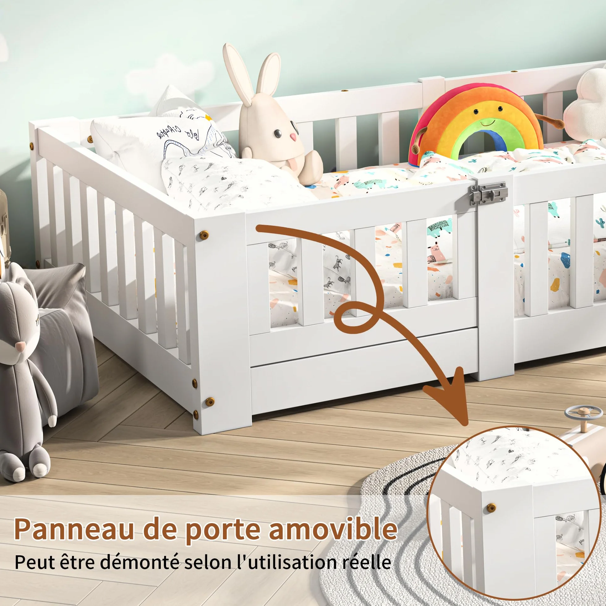 PerGar Cama Infantil 80x160 cm con Valla y Puerta, Somier, Madera Maciza Blanca