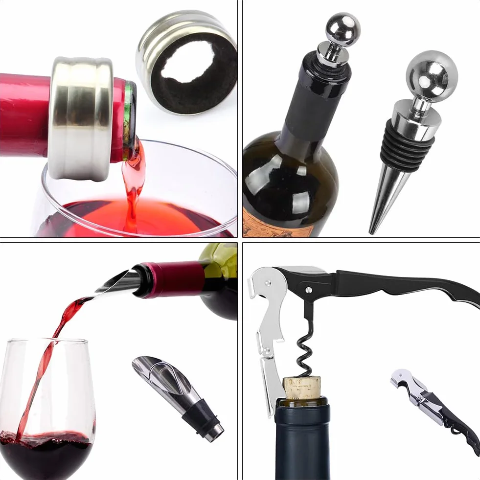 Set Sacacorchos 4 en 1, Kit Accesorios Vino con Abrebotellas y Tapón
