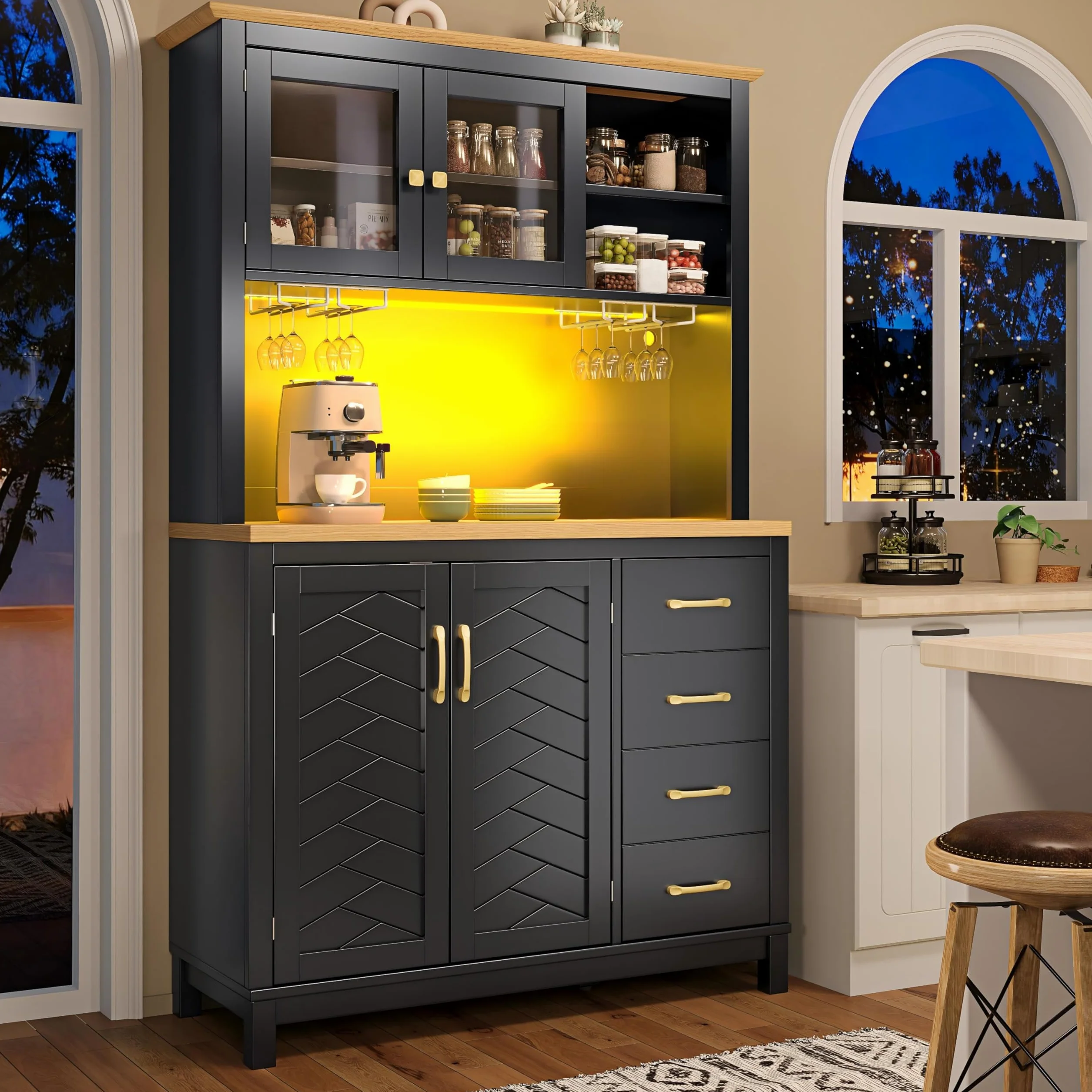 Armario Cocina Alto con Luz LED y Almacenaje, Aparador Cocina con Cajón y 4 Puertas, Mueble Aparadores Alacena de Cocina Despensa con Portavasos y Dispositivo Antivuelco, 105.5x40x180 cm, Negro