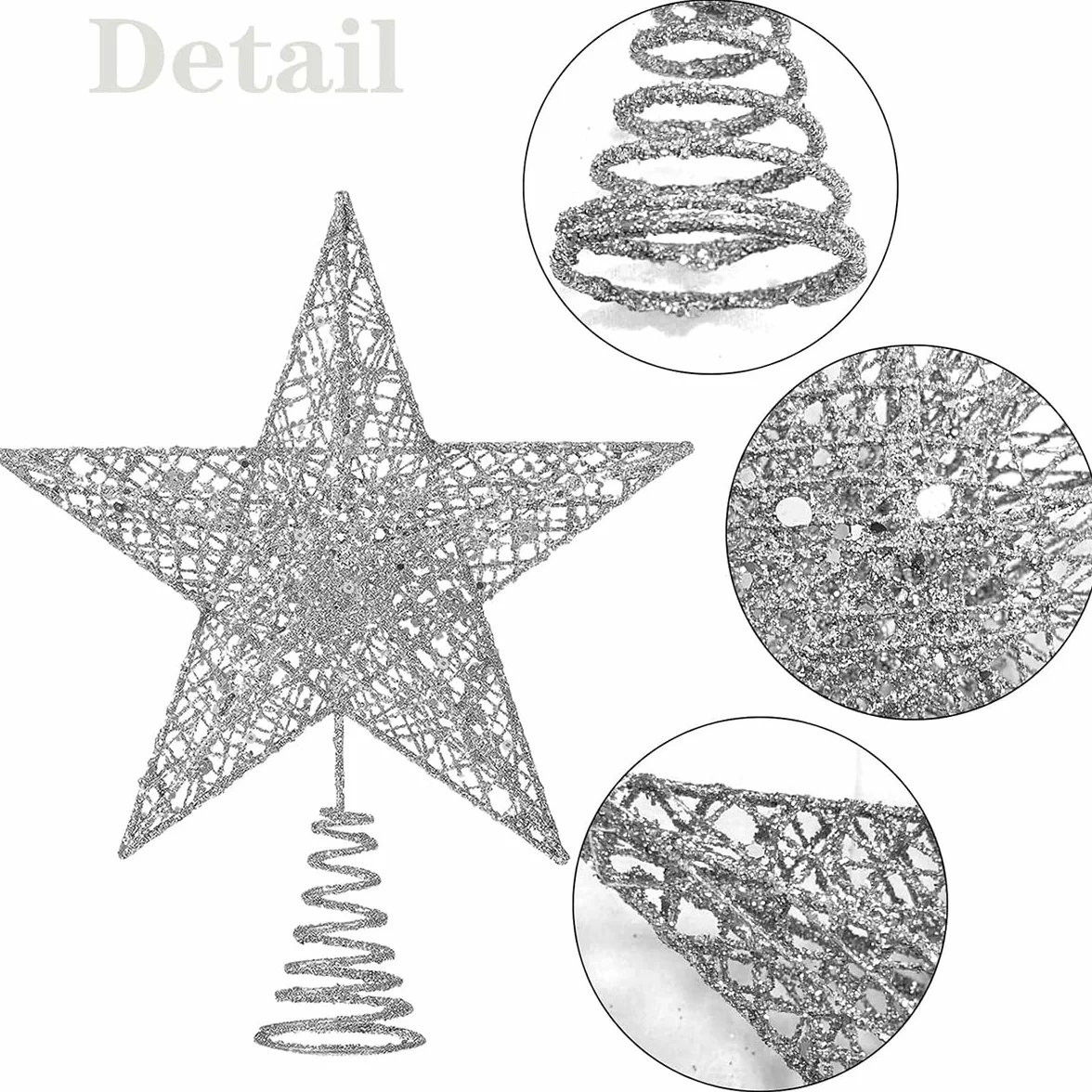 Estrella para Árbol de Navidad Plateada | Adorno con Diseño 3D Hueco y Purpurina | Decoración Universal para Copa de Árbol | Se Adapta a Todos los Tamaños | 23x20 cm, Plata