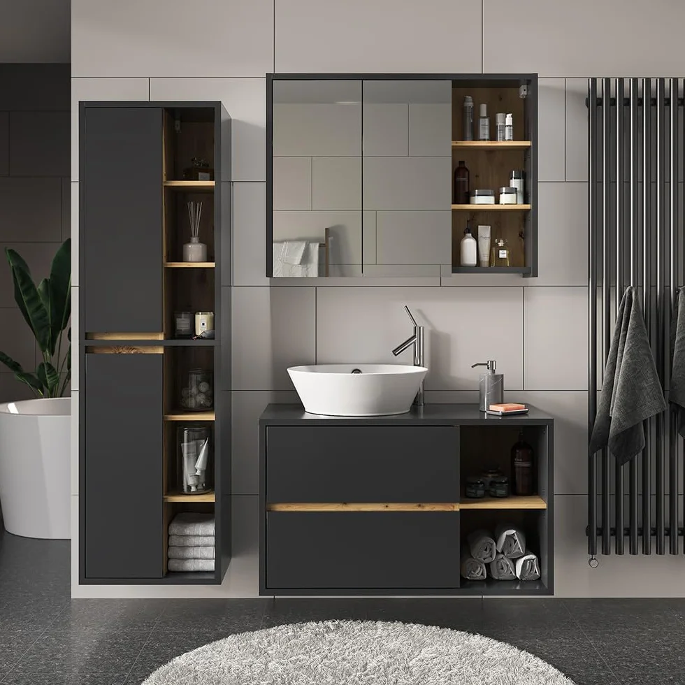 Vicco Armario de baño Viola, Antracita, 50 x 170 cm con Puertas y Compartimentos Abiertos, Apto para Montaje en Pared y combinable con Otros Muebles Viola