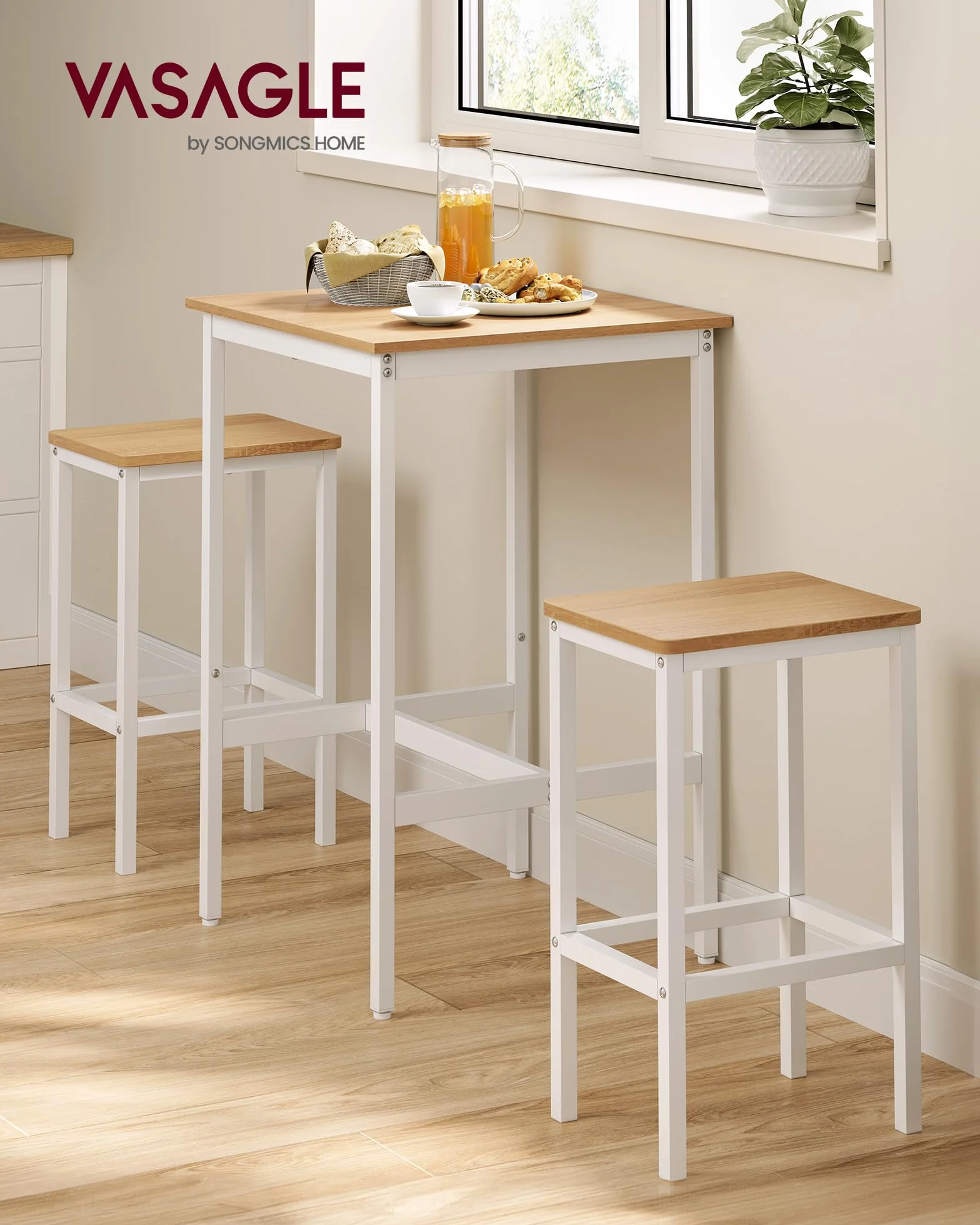 VASAGLE Mesa de Bar con 2 Taburetes, Comedor Cocina, Roble Dorado y Blanco Nube LBT017W09