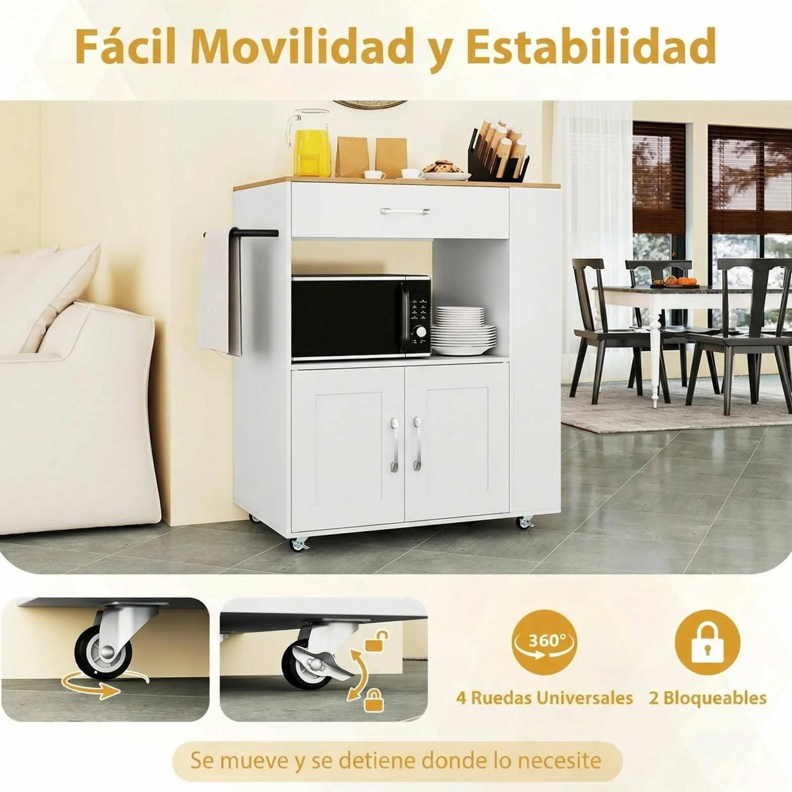 COSTWAY Carrito de Cocina con Ruedas, Armario de Sevicio Rodante con 3 Estantes Abiertos y un Cajón, Armario Grande de 2 Puertas, Carrito de Almacenamiento con Toallero y 2 Ruedas Bloqueables, Blanco