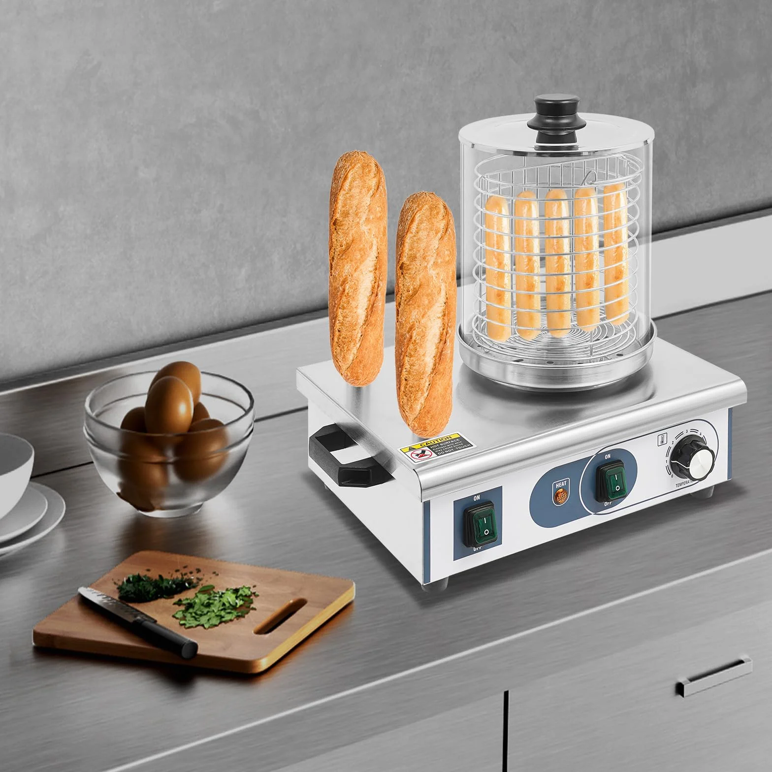 Calentador de perro caliente profesional, calentador de acero inoxidable con capacidad de 6 L y 2 barras de pan, control de temperatura 50-300 °C, potencia de 550 W para comida y fiestas, 37 x 28,5 x