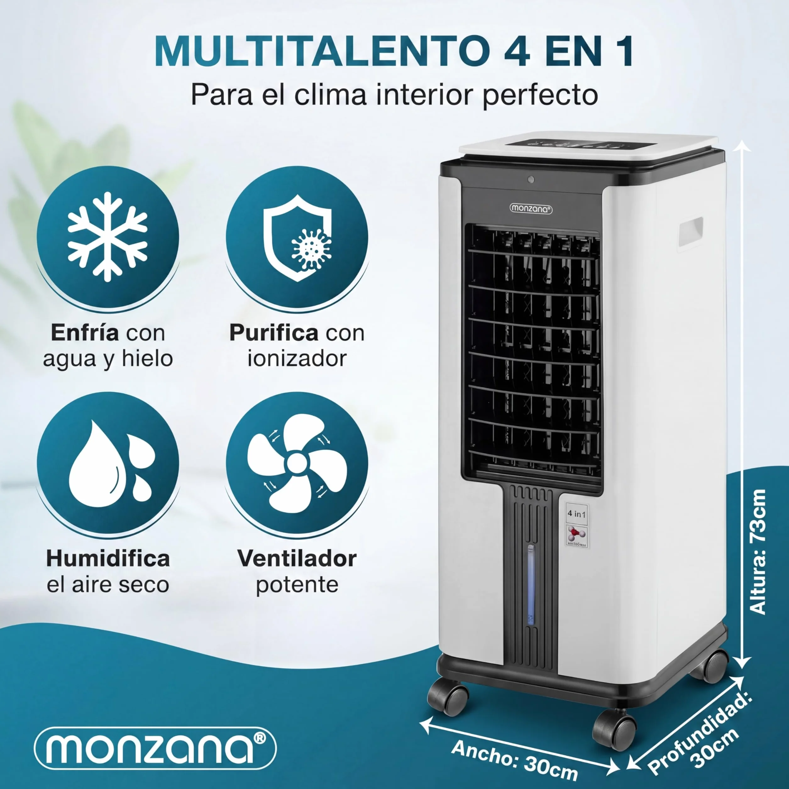 MONZANA® Enfriador de Aire 4en1 Humidificador Climatizador Ionizador Ventilador Temporizador 7L LED