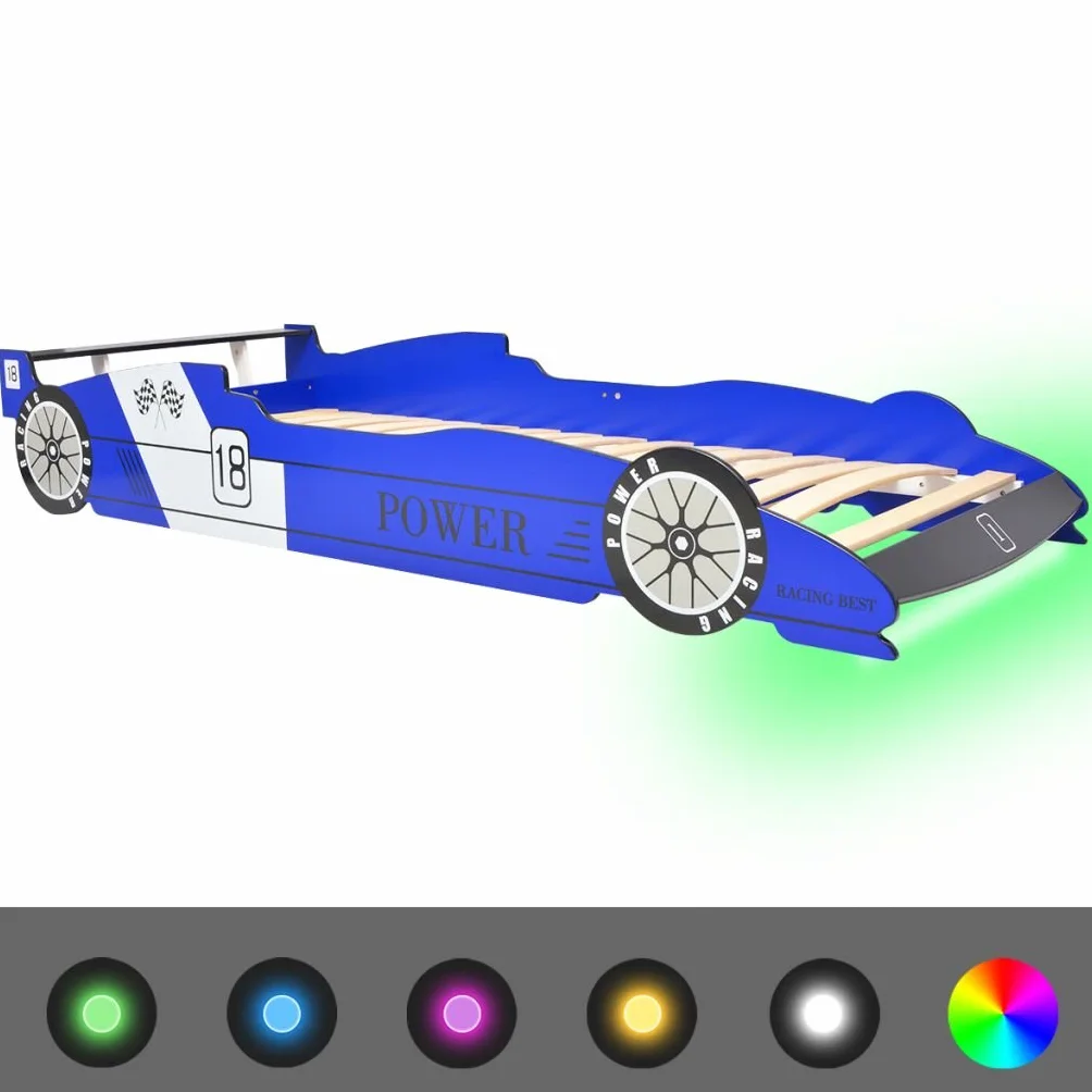 vidaXL Cama para Niños con Forma de Coche de Carreras con Luces LED Muebles para Habitación Infantil 90x200 cm MDF Azul