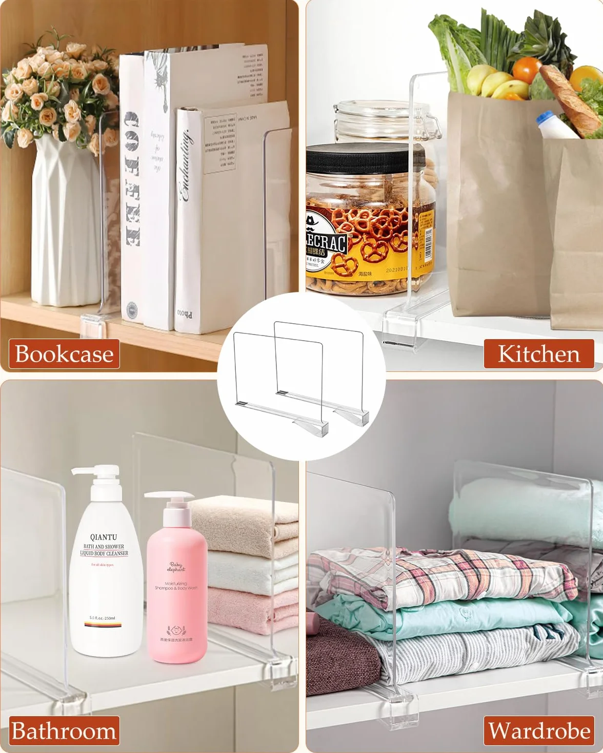 8 Piezas Separador Bolsos Armario, Estantes Divisores de Armario, Separadores de Bolsos para Armarios, 30 x 20 cm, Separadores Acrílicos Transparentes para Dormitorio, Cocina, Armarios y Organización