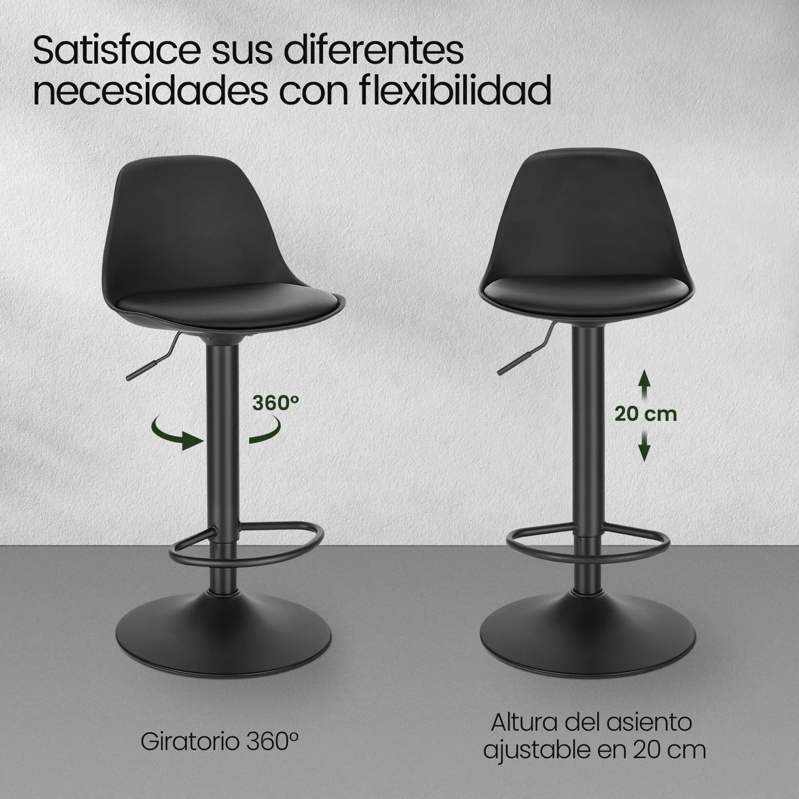 EUGAD Juego de 2X Taburete de Bar Giratorio, con Altura Ajustable Entre 60,5 y 82 cm, Taburete de Cocina, Estructura Metal, con Respaldo y Reposapies, Negro Tinta, Cuero Sintético