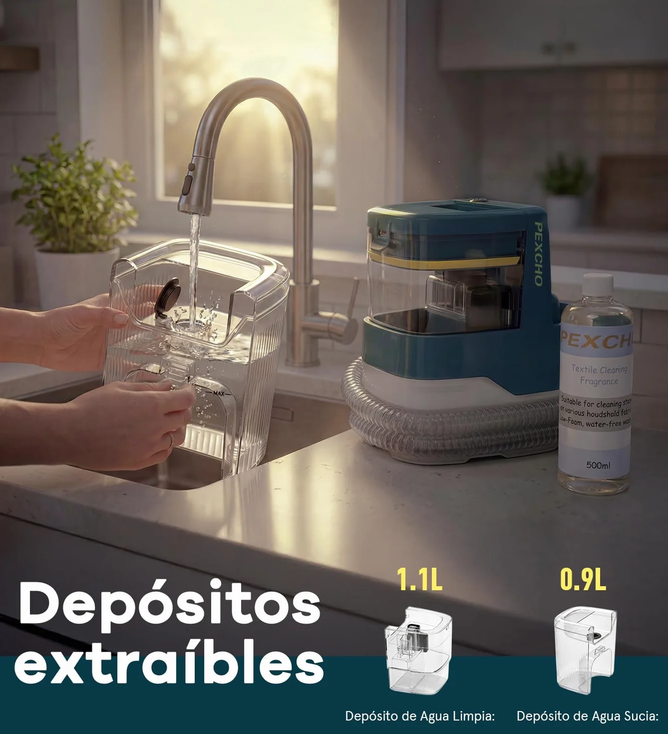 PEXCHO Limpiador de Tapicerias 18kPa Aspiradora de Agua Tapiceria 650W Maquina Limpia Tapicerias para Sofas Alfombras Coche Colchones y Mascotas con Autolimpieza,Depositos Extraibles,Tubos flexibles