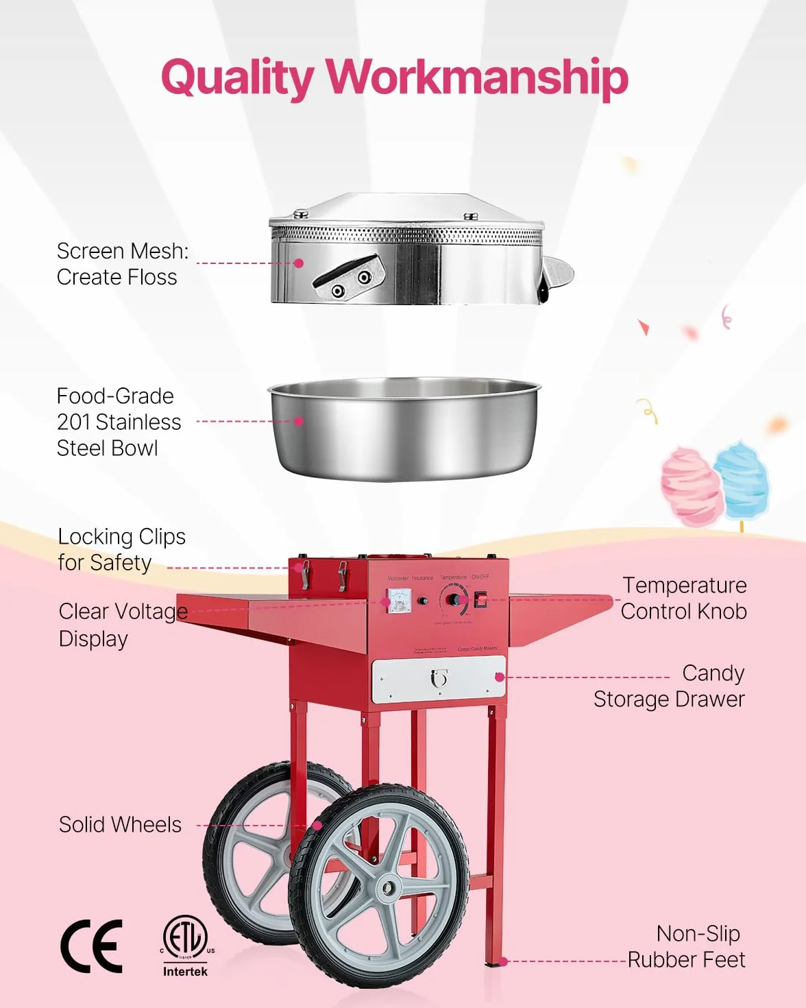 VEVOR Máquina Eléctrica de Algodón de Azúcar con Carro, 1000 W, con Recipiente de Acero Inoxidable de 52 cm, con Cuchara, para Hogar, Cumpleaños, Fiestas Familiares, Rojo, 819 x 520 x 855 mm