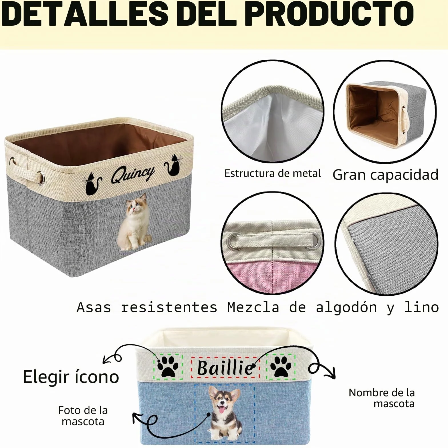 Cesta de Almacenamiento de Juguetes para Mascotas Personalizada - Organizador Personalizado de Juguetes para Perros y Gatos con Nombre, Contenedor de Tela Plegable y Duradero para Suministros