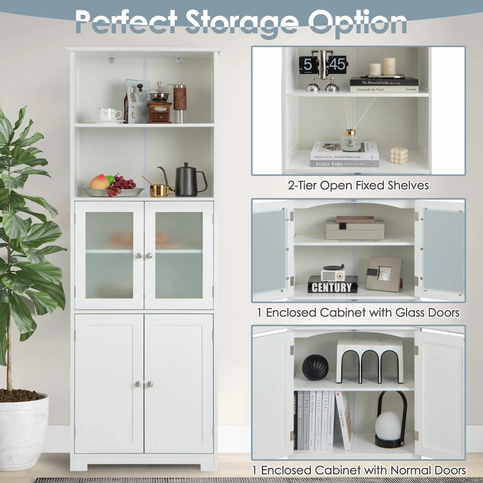 GIANTEX Armario de Almacenamiento Alto, Gabinete de Baño con Puerta & Estante Ajustable, Organizador Independiente de Suelo para Dormitorio, Cocina, Sala de Estar, Blanco,60 x 30 x 163 cm (Blanco)