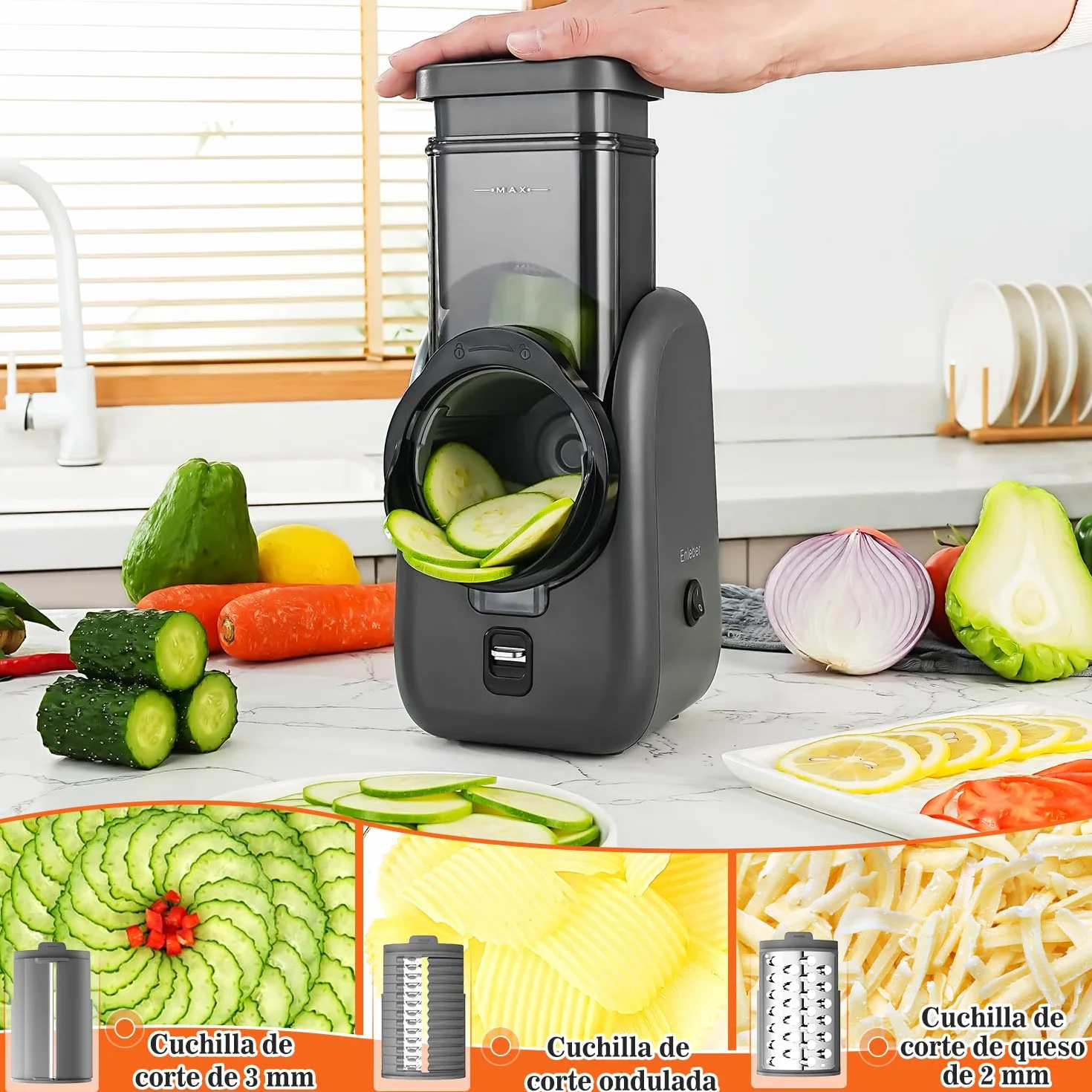 Rallador Eléctrico de Queso, Verduras y Fruta, Cortador Eléctrico, para Zanahorias, Pepino, Manzanas, Nueces Gris-Negro