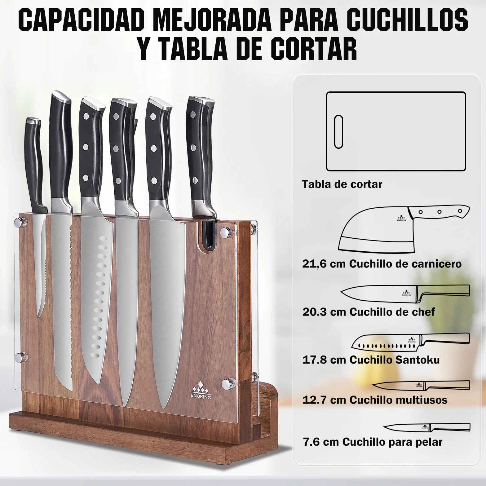 ENOKING Porta Cuchillos Magnético con Afilador, Soporte Doble Lado con Escudo Acrílico, Organizador de Madera de Acacia