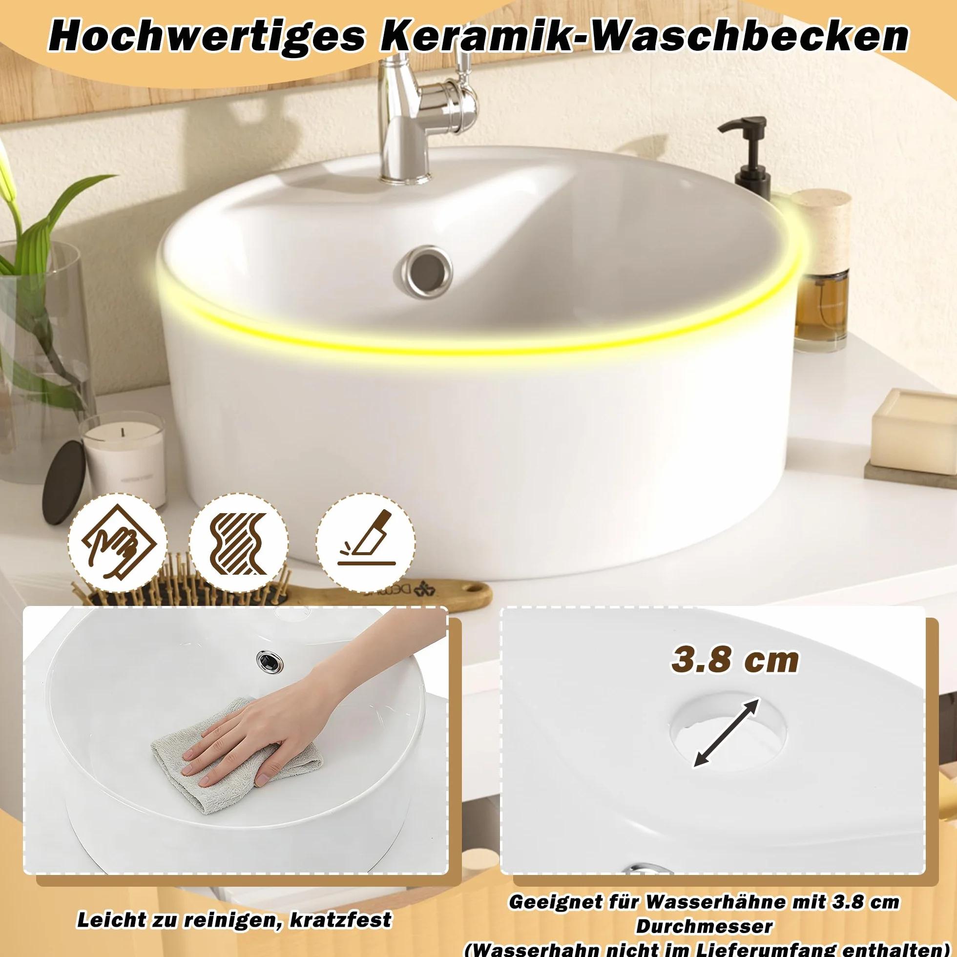 Armario de baño de 60 cm montado en la pared con lavabo de cerámica redondo, frentes de cajones con aspecto de madera con diseño de rayas simples, tablero MDF de alta calidad, gran capacidad de