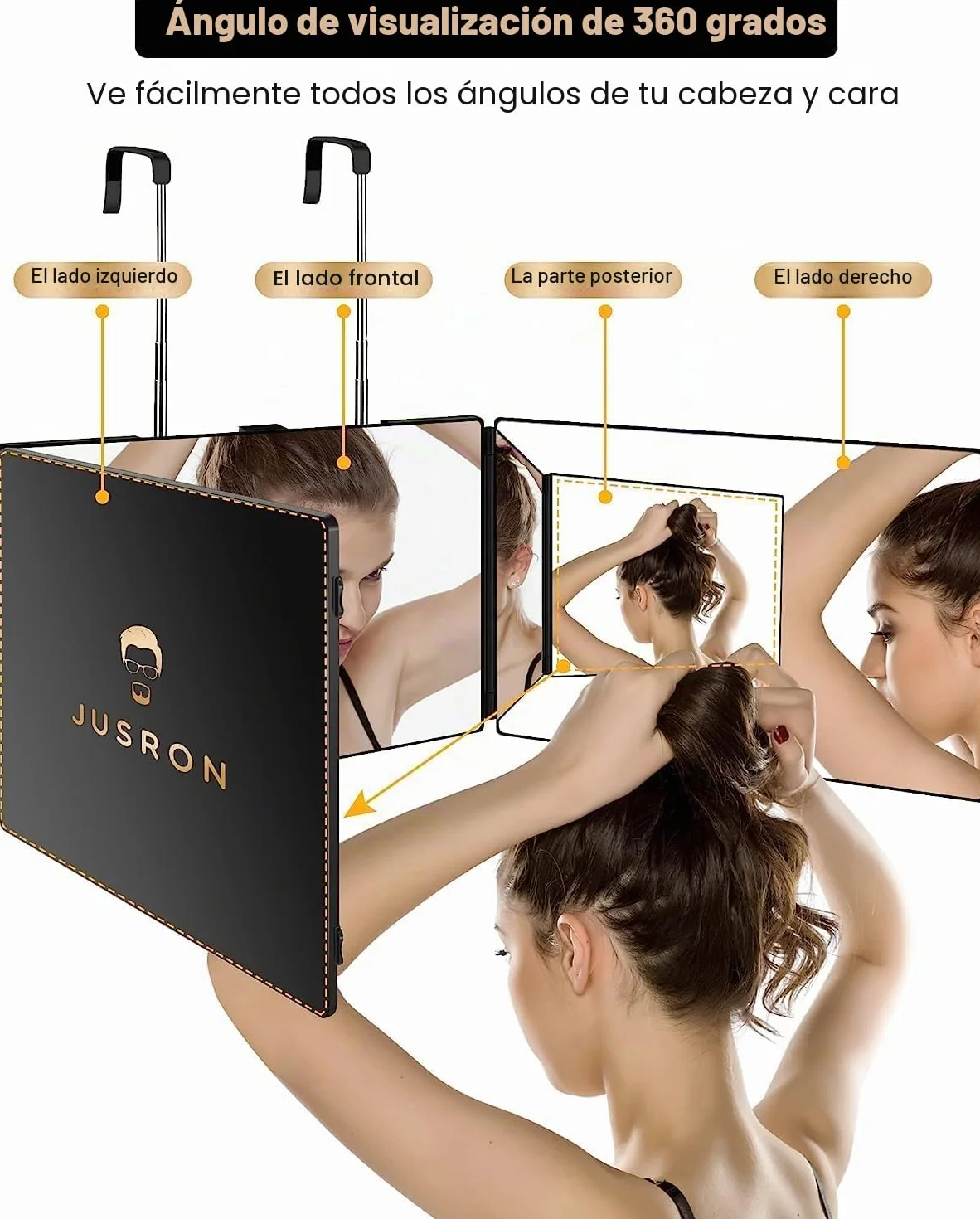 JUSRON Espejo de Pared 360°, Triple Plegable, con Corte Automático, Altura Regulable