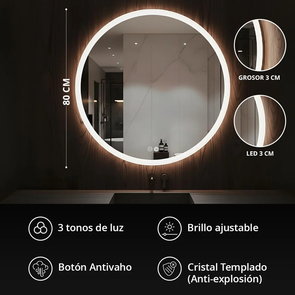 Marcanti Espejo Baño con Luz LED Regulable 80 cm Antivaho Interruptor Táctil Brillo Ajustable Memoria