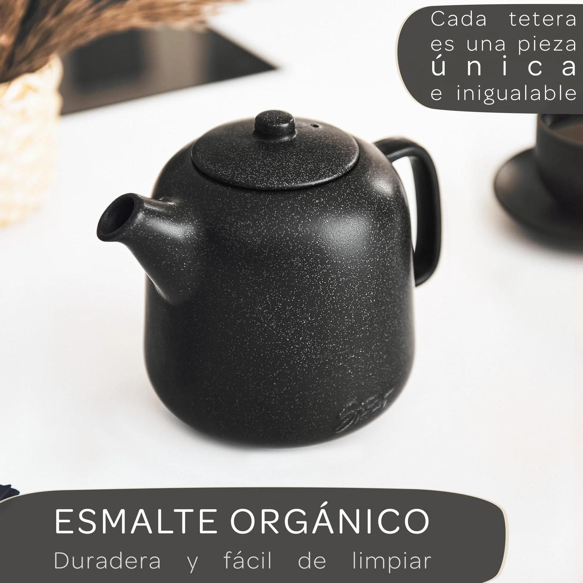 STEINZEIT Tetera de cerámica negra 1,3 L con colador de acero inoxidable 304
