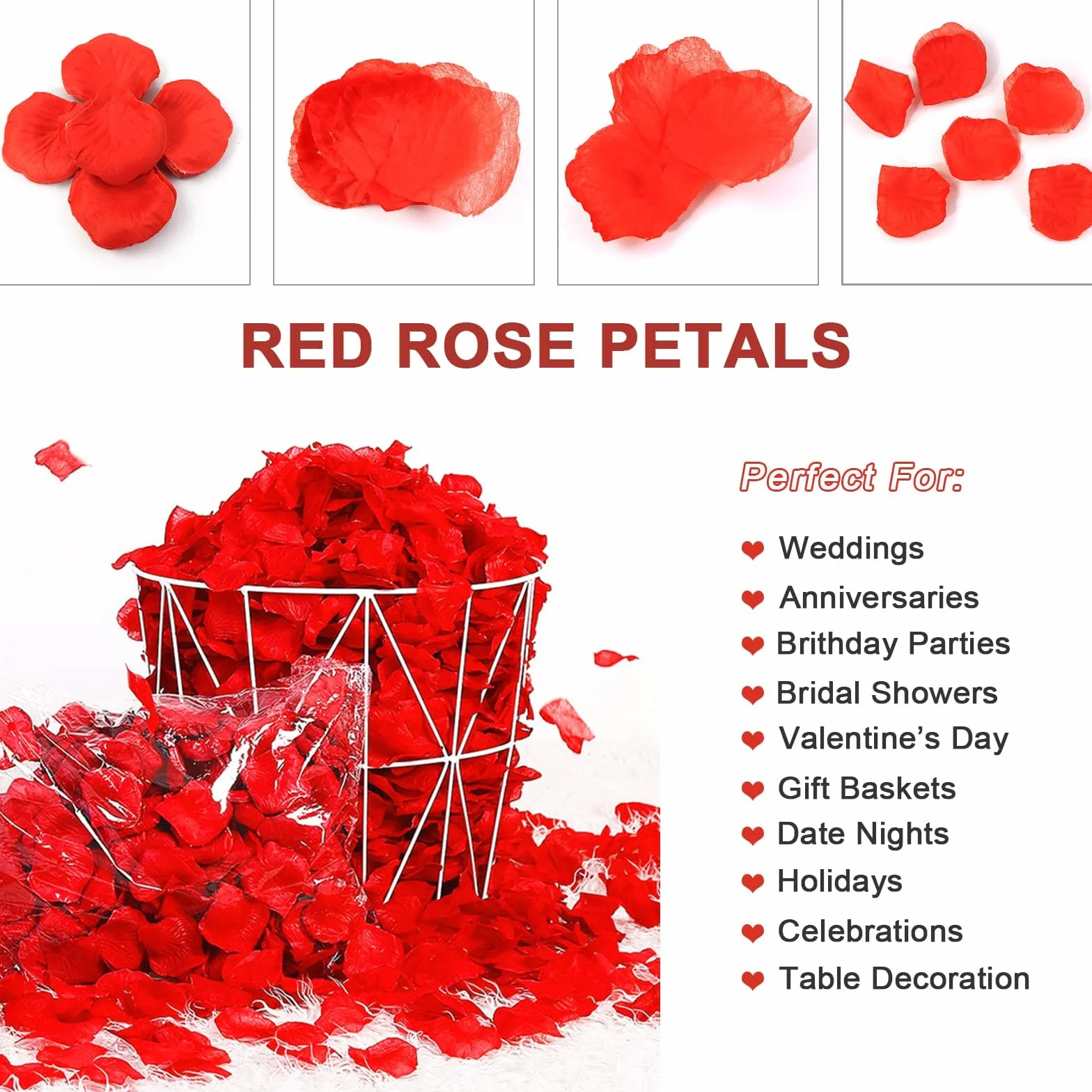 Pétalos de Rosa Artificiales 1200 Piezas Rojo para Bodas Decoración