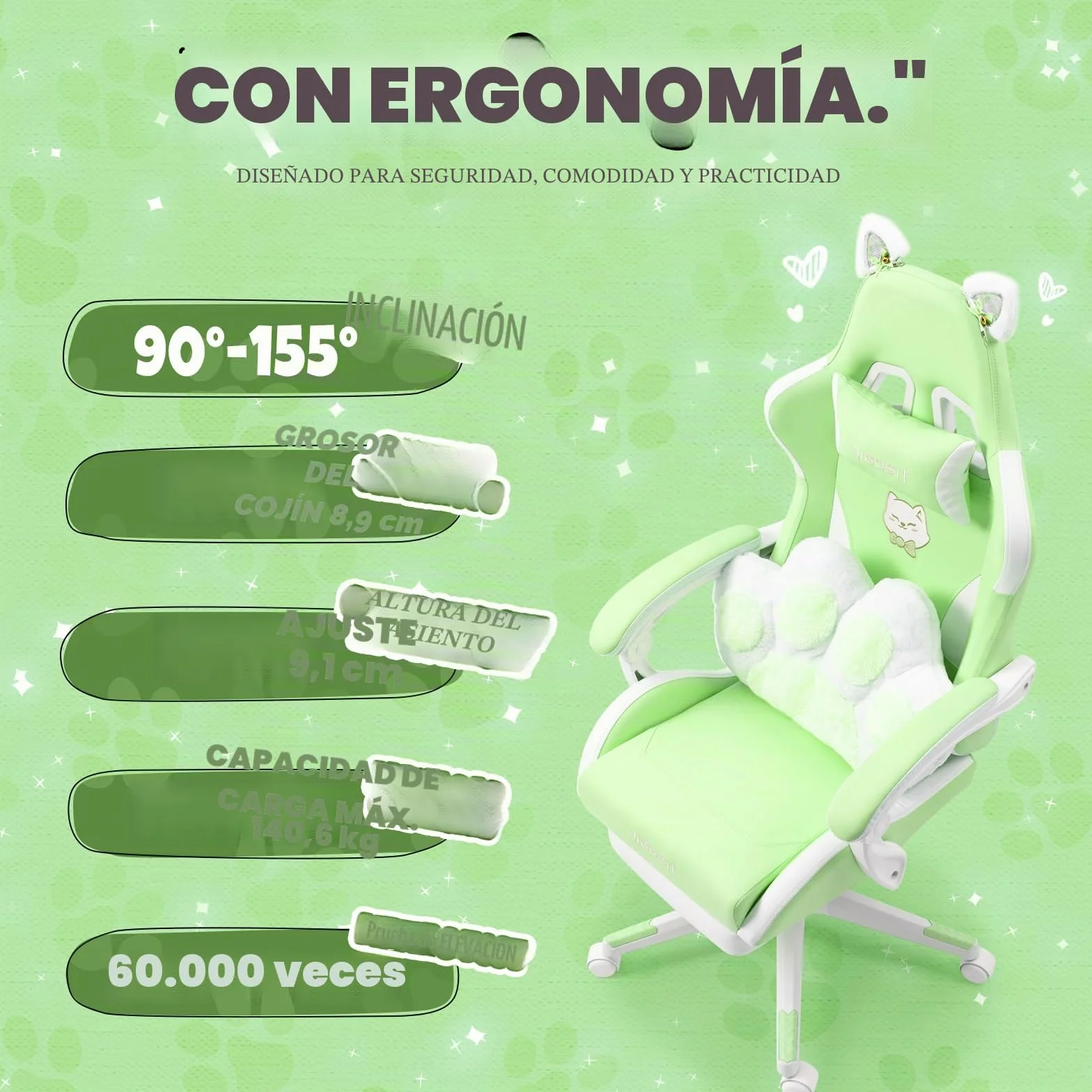 Vigosit Silla de juegos linda con cojín lumbar de pata de gato y orejas de gato, silla de juegos ergonómica con reposapiés, sillón de PC ajustable para niñas, adolescentes, niños, verde