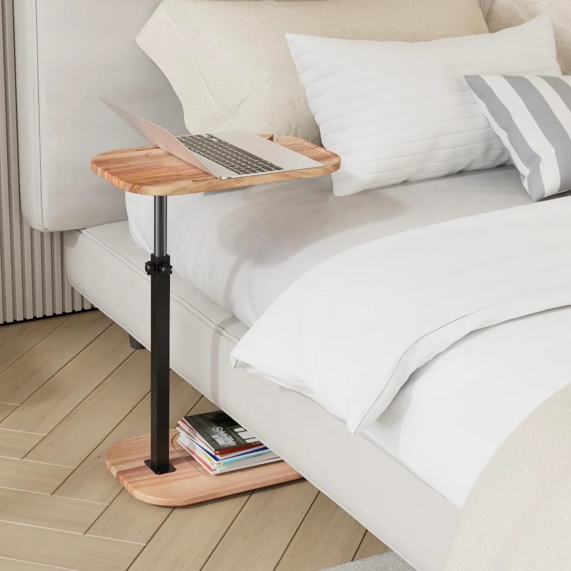 Mesa de bandeja de TV giratoria de altura ajustable para sofá, madera de acacia, mesa auxiliar en forma de C