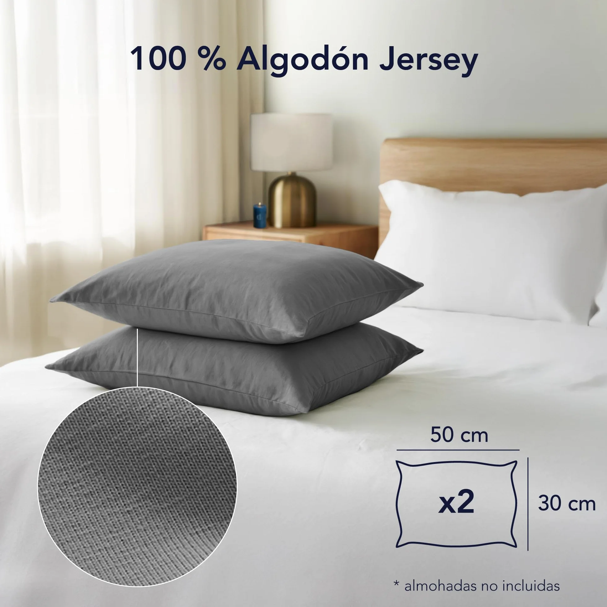 Funda Almohada 30x50 Algodon Jersey Antracita Juego de 2 Protector Cama