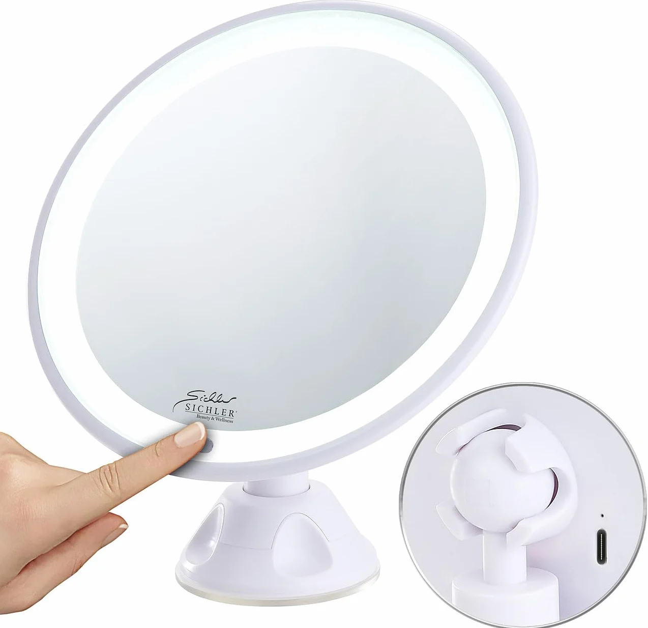 Sichler Beauty Espejo de Maquillaje con Luz LED y Ventosa, 5 Aumentos, Batería