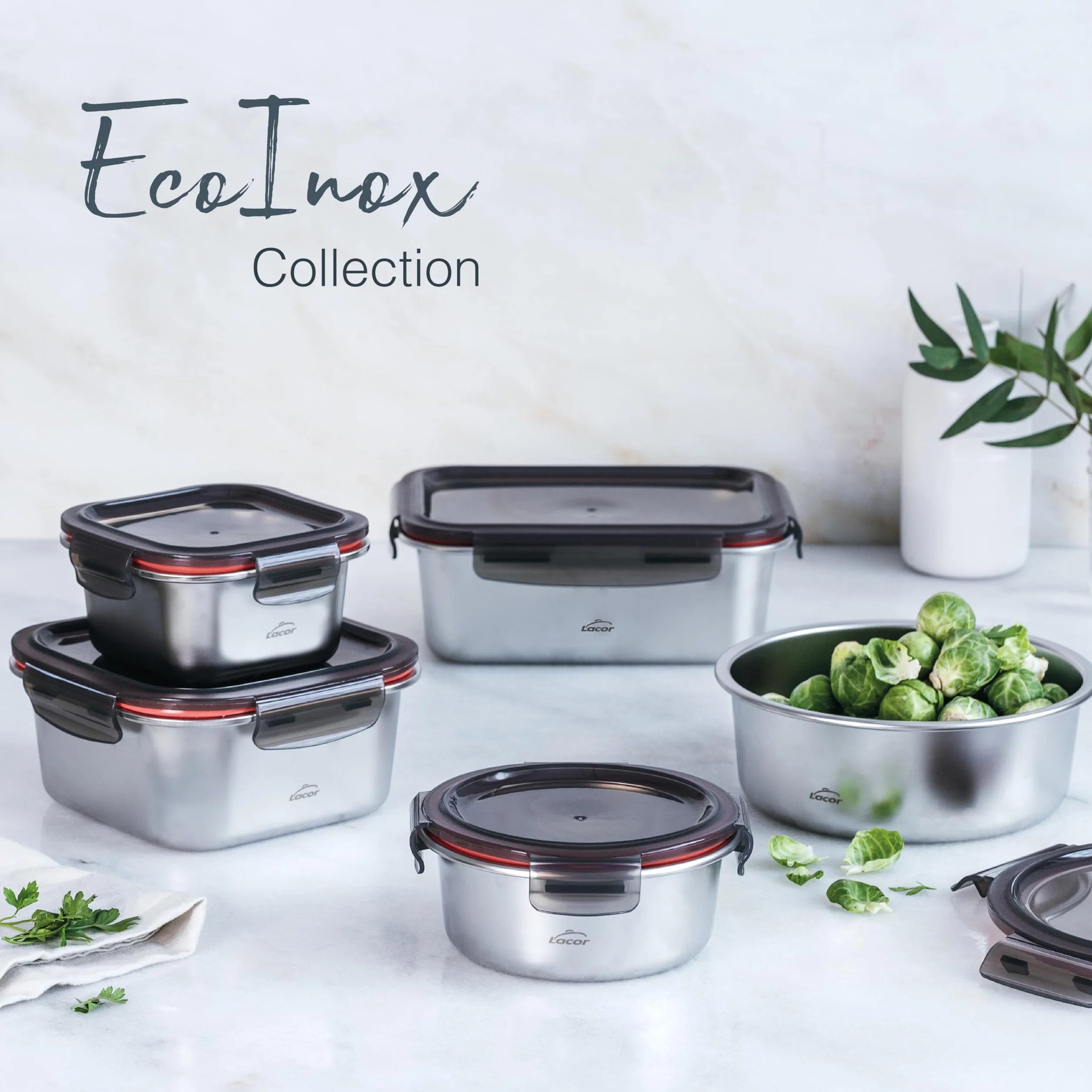 LACOR Recipiente para alimentos rectangular Ecoinox, Acero inoxidable 18/10, 800 ml, Hermético, 4 Cierres de clip