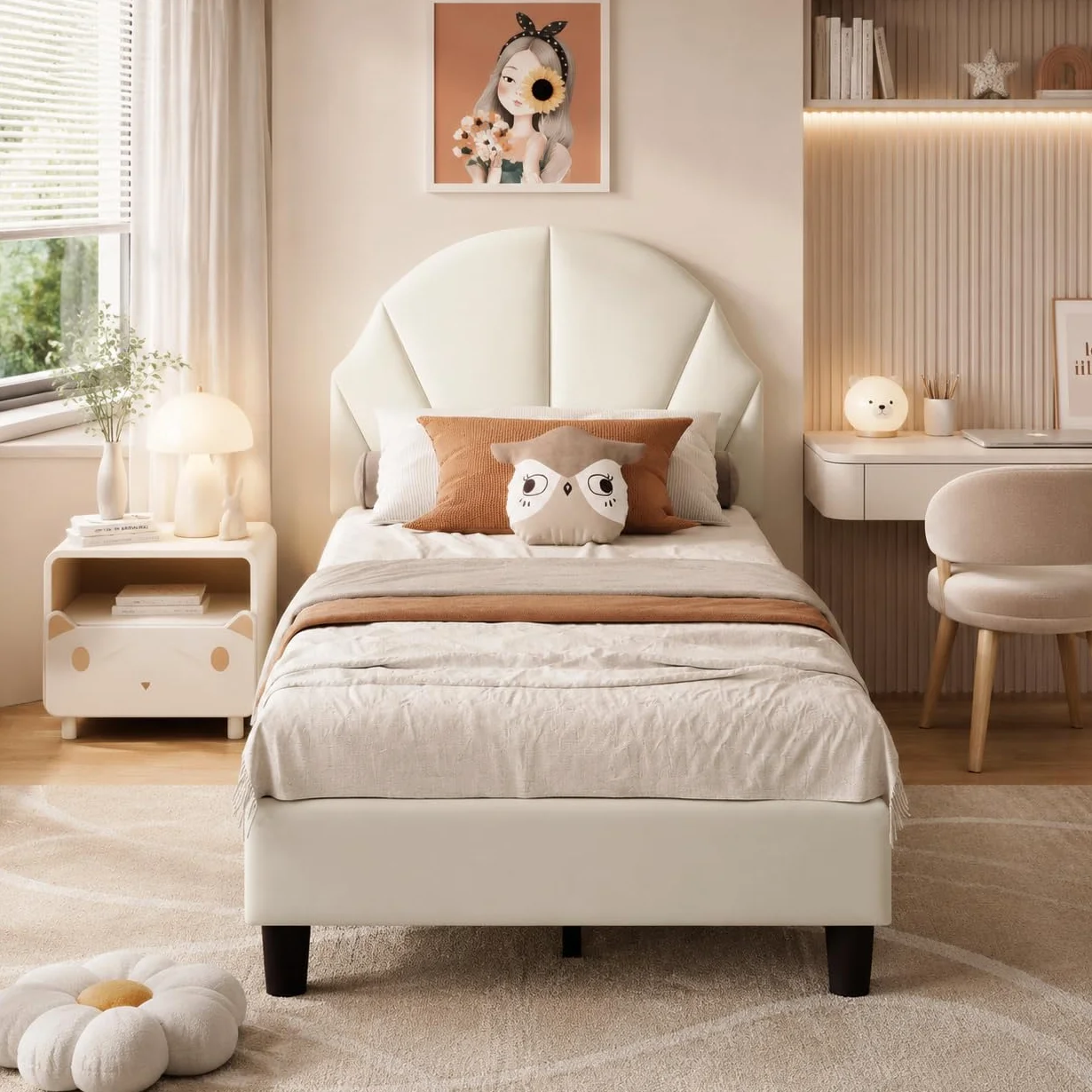 Cama infantil acolchada 90 x 200 cm, cama individual con somier y cabecero ajustable, cama juvenil, cama tapizada para niñas y niños, sin colchón, terciopelo, beige