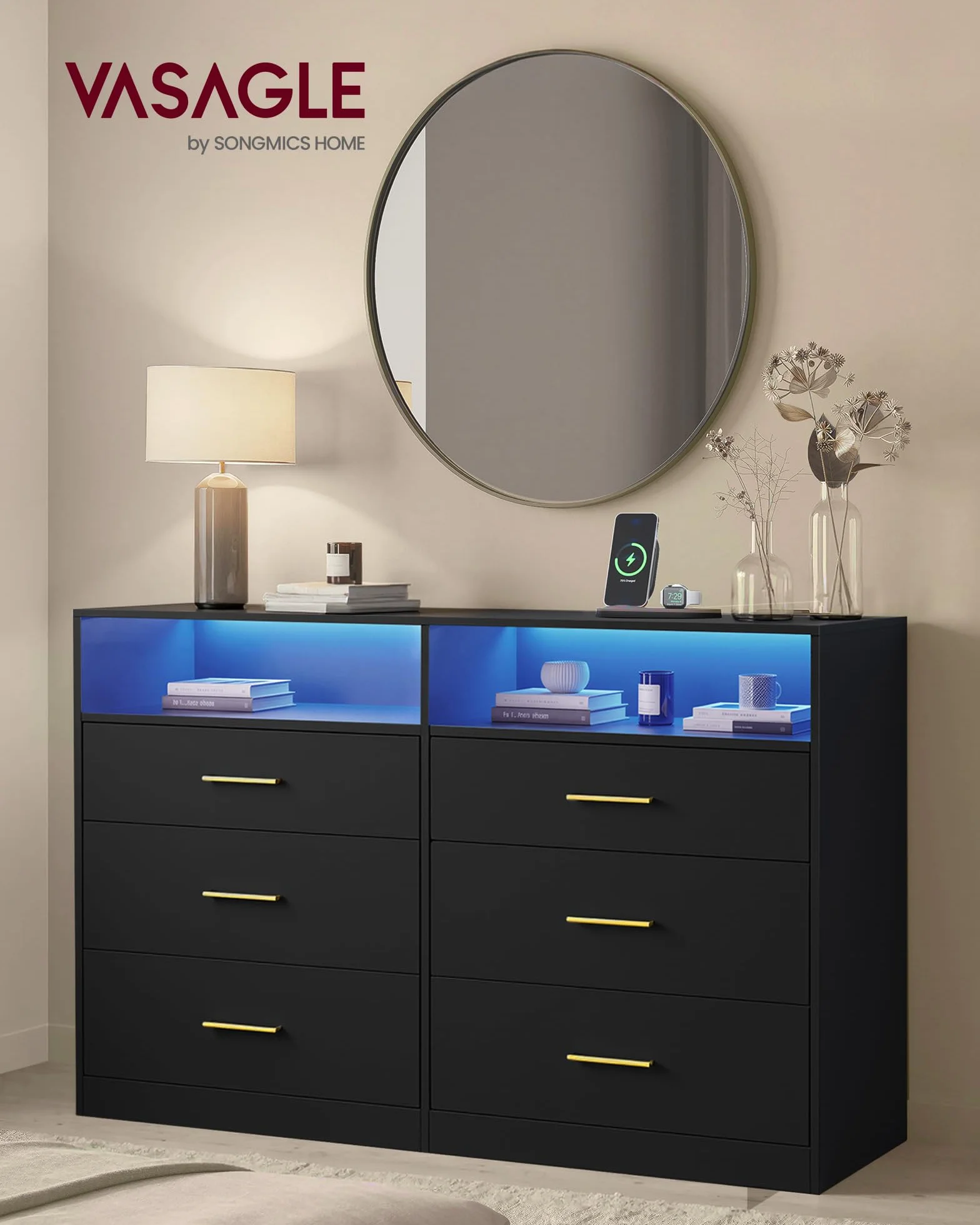 VASAGLE Custos Colección - Cómoda para Dormitorio, con LED y Regleta de Enchufes, Mueble Moderno para TV de Salón, 6 Cajones, 40 x 119 x 81,2 cm, Negro Tinta LTS316BC01