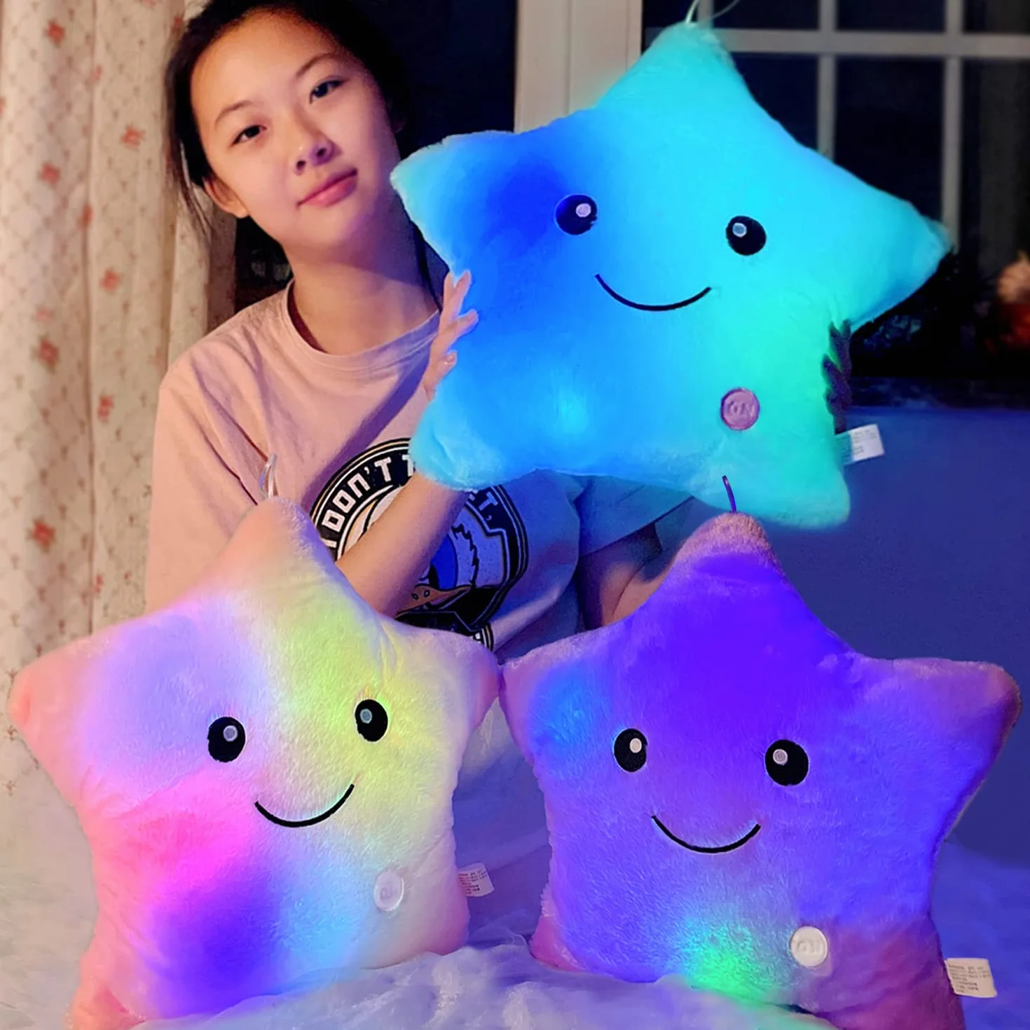 Cojín de Peluche con luz LED, Almohada con Luces Almohada Felpa Luminoso, Cojines Decorativos, Cojín de Felpa Trasero Decoración Creativa ​para Sofá Hogar (Azul)