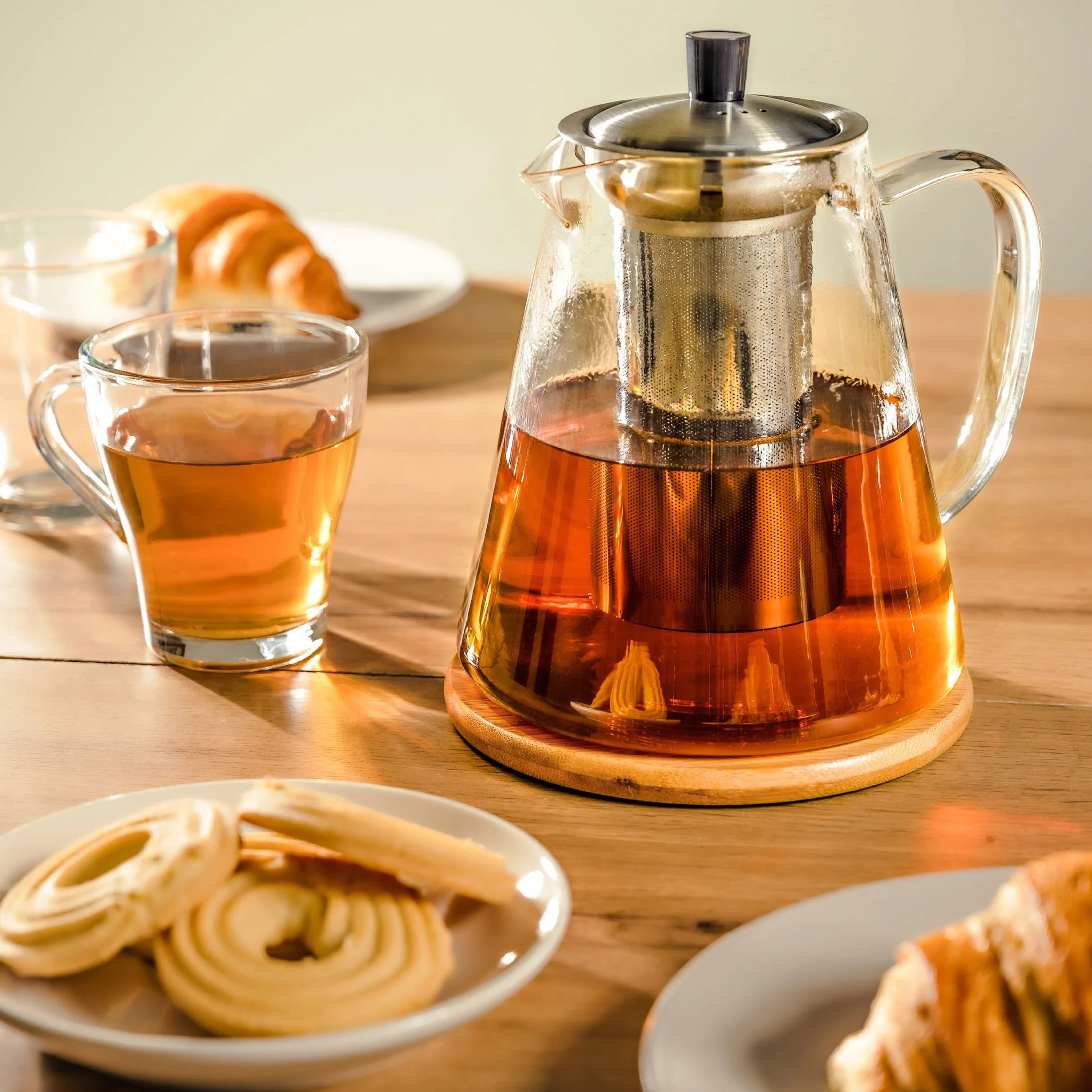 Cosumy Tetera de Cristal con Filtro de Acero Inoxidable - Grande 1,3 L - Con Posavasos de Bambú - Apta para Lavavajillas
