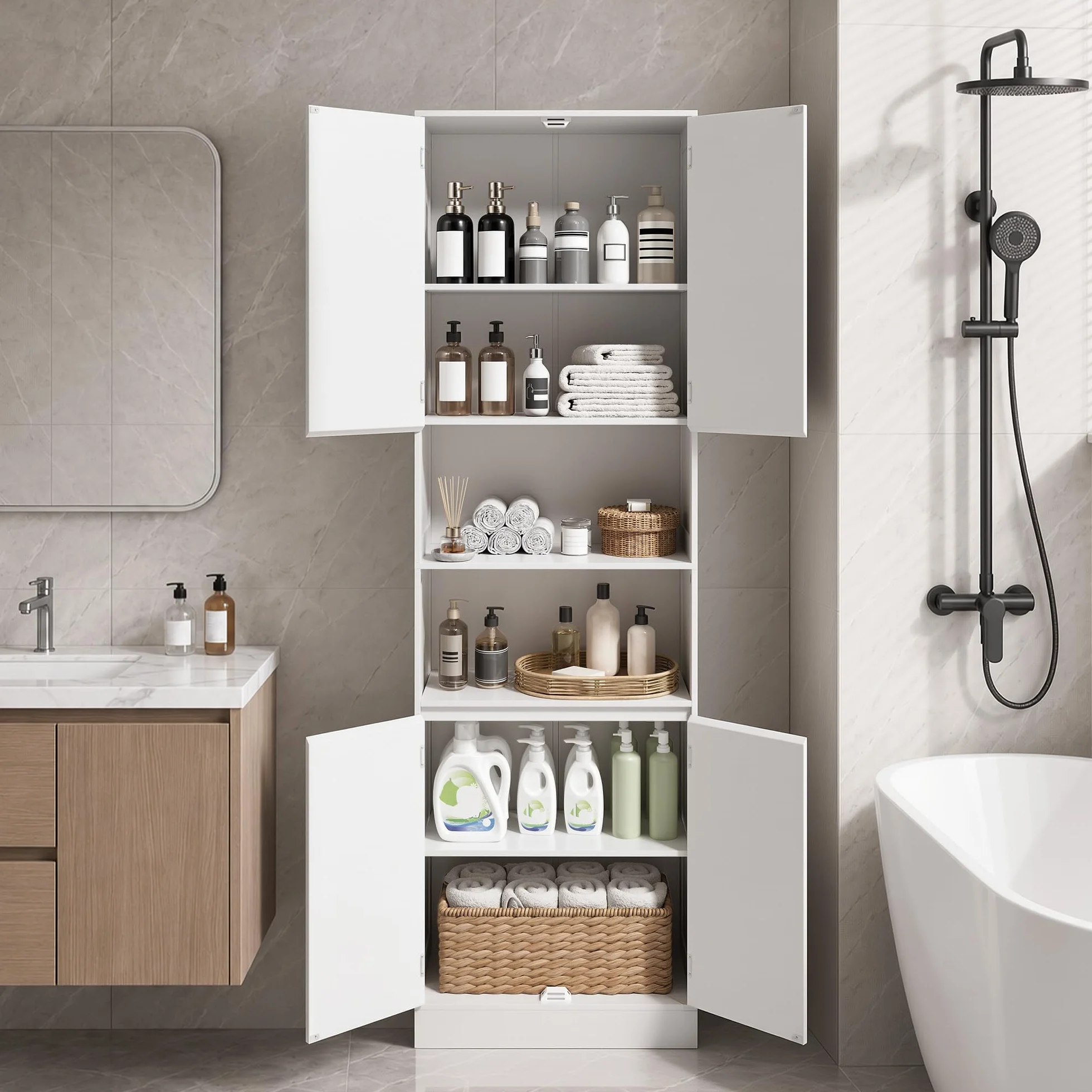 Xbro Mueble de baño 190×30×57 cm, Armario almacenaje con estantes Regulables, cajones y estantes Abiertos, Armario Alto Multiuso para baño, Cocina y salón, Montaje fácil,Blanco
