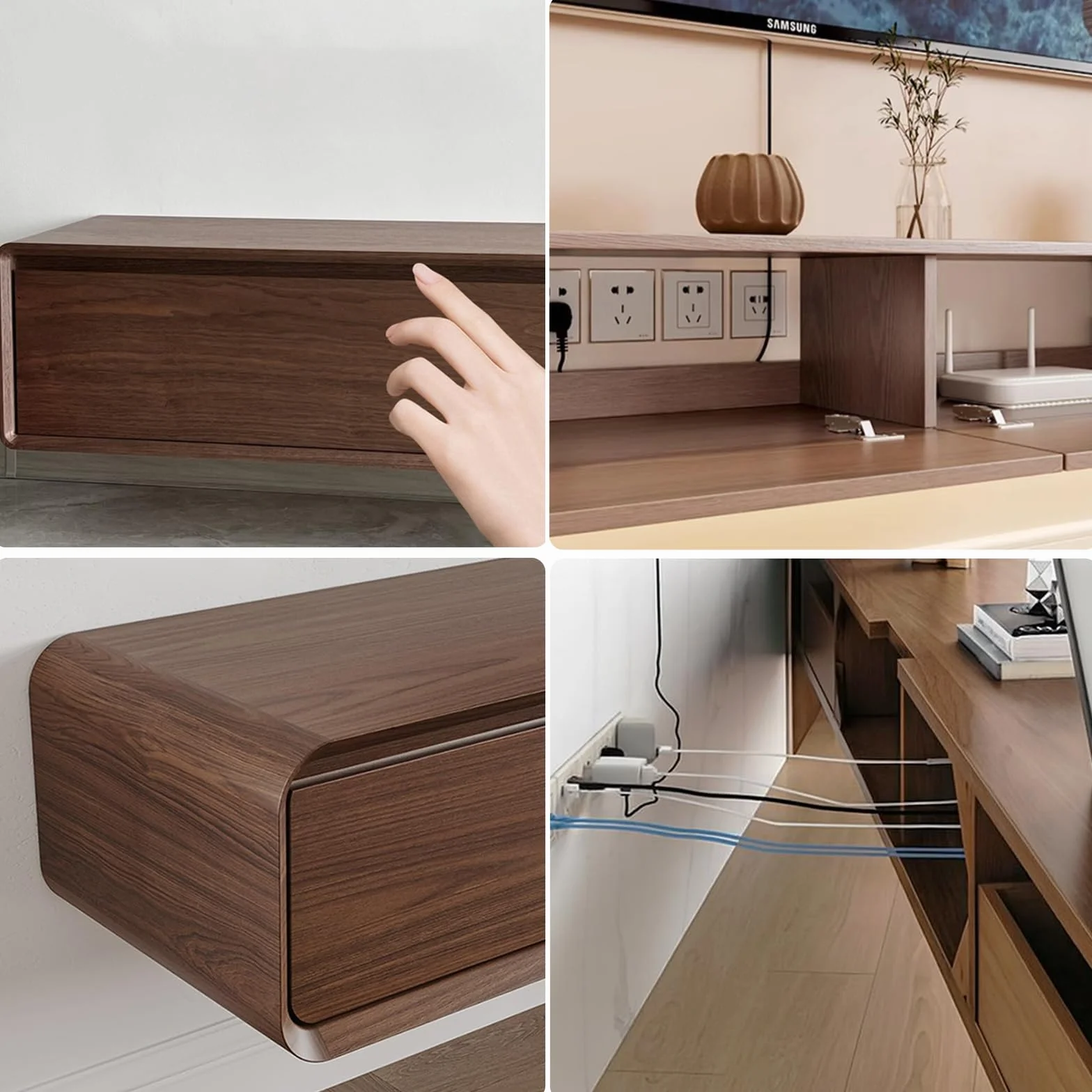 Mueble de TV de Madera Maciza,160–240CM Mueble de TV Flotante, Mueble Bajo de Pared para TV, Adecuado para el Salón y el Dormitorio Marrón160cm