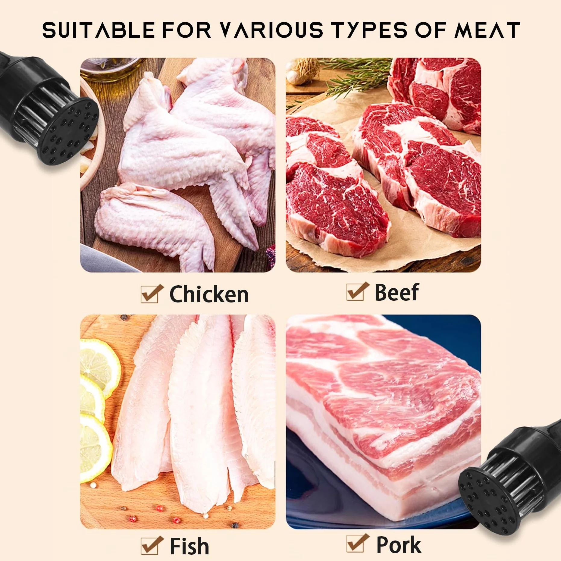 Aguja ablandadora de carne, herramienta para cocinar cerdo, pollo, res, cordero, pescado (negro)