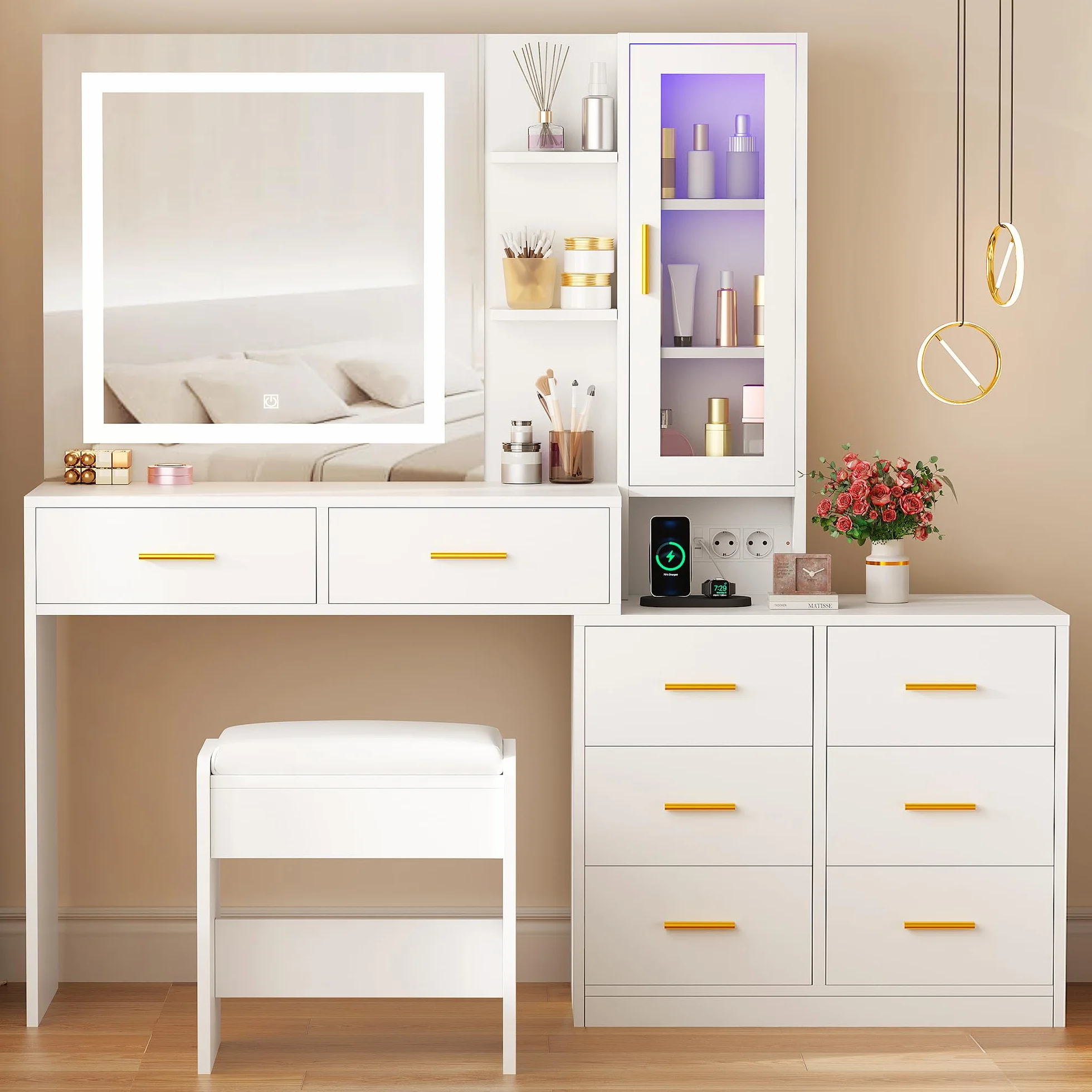 ANWBROAD Grande Tocador de Maquillaje con Luz LED y Enchufes 3 Colores Brillo Ajustable Mesa de Maquillaje con 8 Cajones Blanco BDT77W