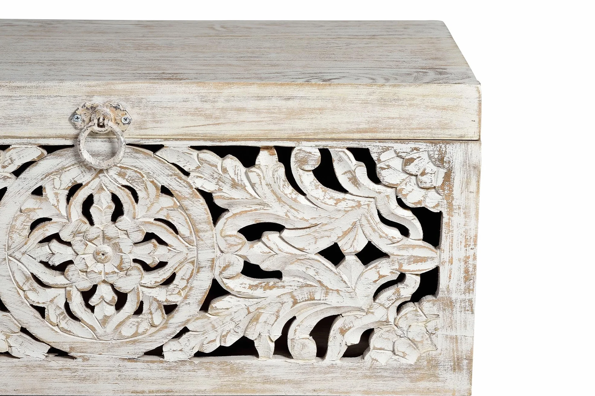 GC GINER & COLOMER Baúl de Madera de Mango Tallado a Mano con Base de Metal - Cofre de Almacenaje Blanco Envejecido 50 x 80 x 40 cm - Colección Mykonos