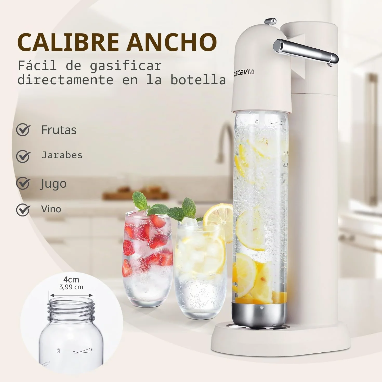 Fabricante de Soda con Botellas Sin BPA 1L+1L, Máquina de Agua con Gas para Casa, Compatible con Cilindros CO2 60L, Blanco