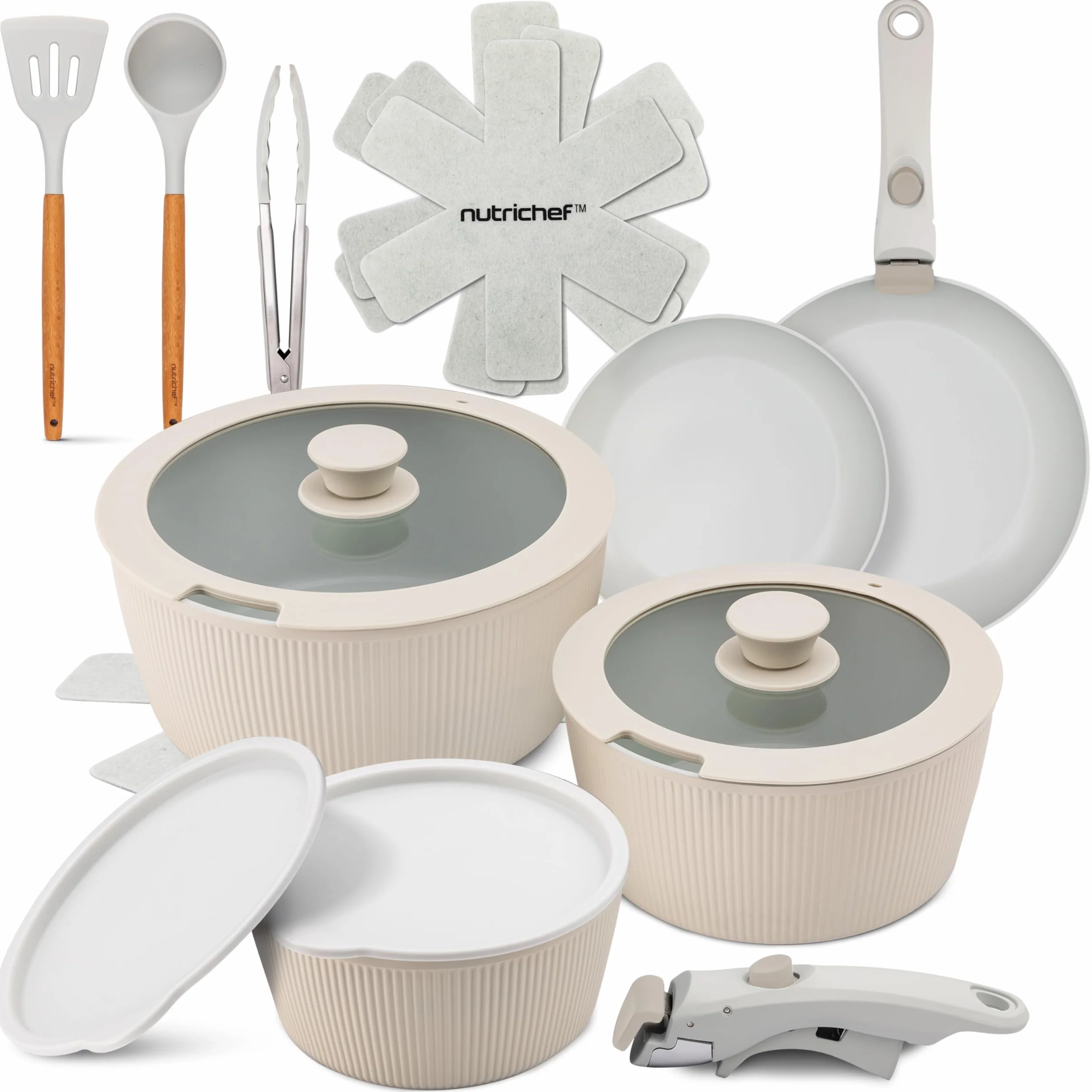 NutriChef bateria cocina mango extraible, Ceramica, 18 piezas, Juego de ollas y sartenes, Antiadherentes, Sin PTFE, Ahorra espacio, Apto para horno y estufa, Incluye utensilios
