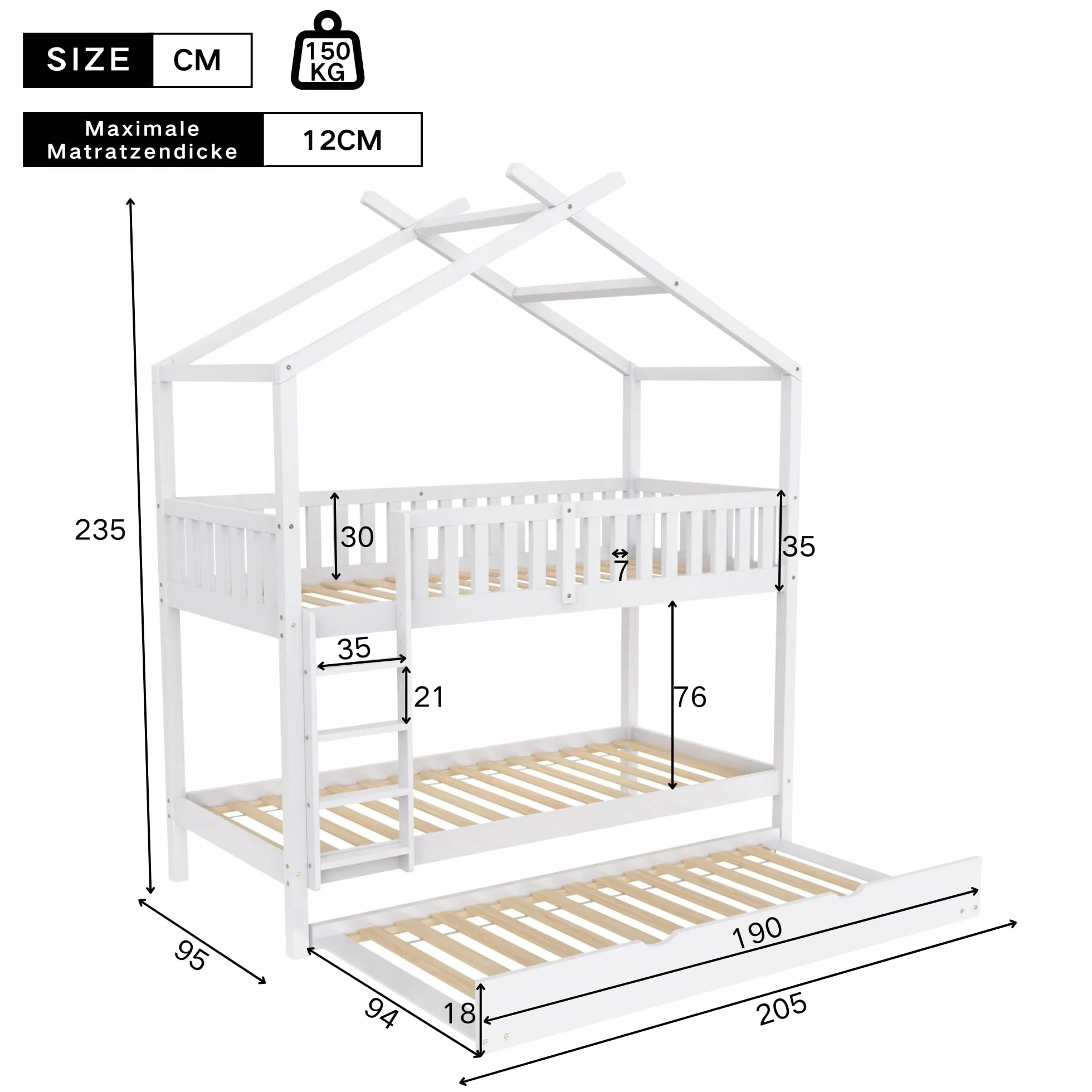 Azkoeesy Litera Infantil con Cama Nido para 3 niños o Adultos, Forma de casita, con protección anticaídas, somier, Escalera, Material Pino, Color Blanco, 90 x 200 cm - N634W0001A