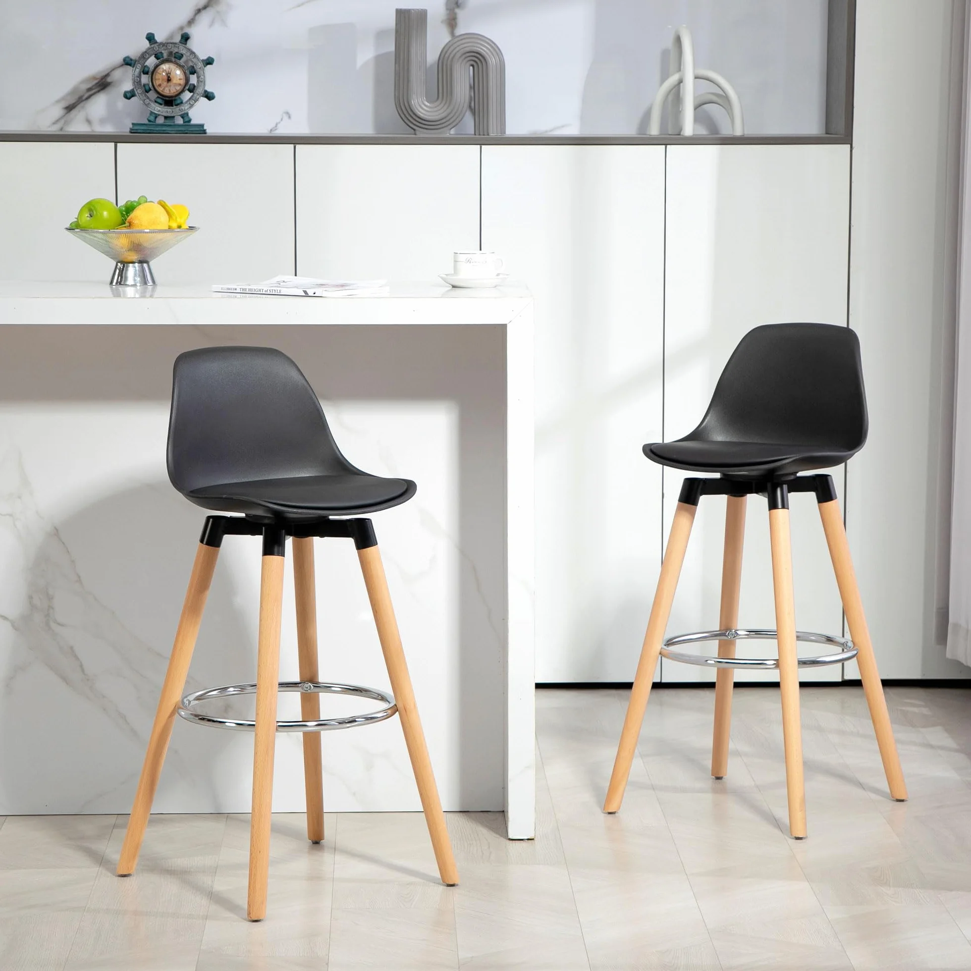 HOMCOM Juego de 2 Taburetes Altos de Cocina Altura Asiento 69 cm Taburetes de Bar Sillas Altas de Cocina Tapizado en PU con Respaldo Patas de Madera para Comedor Negro