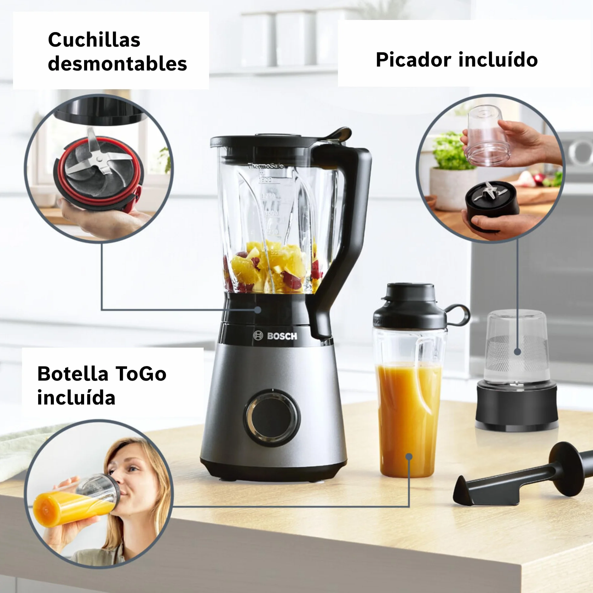 Bosch - Batidora de vaso, VitaPower, Serie 4, 1.200 W, Jarra ThermoSafe de 1,5 litros, negro, MMB6177S