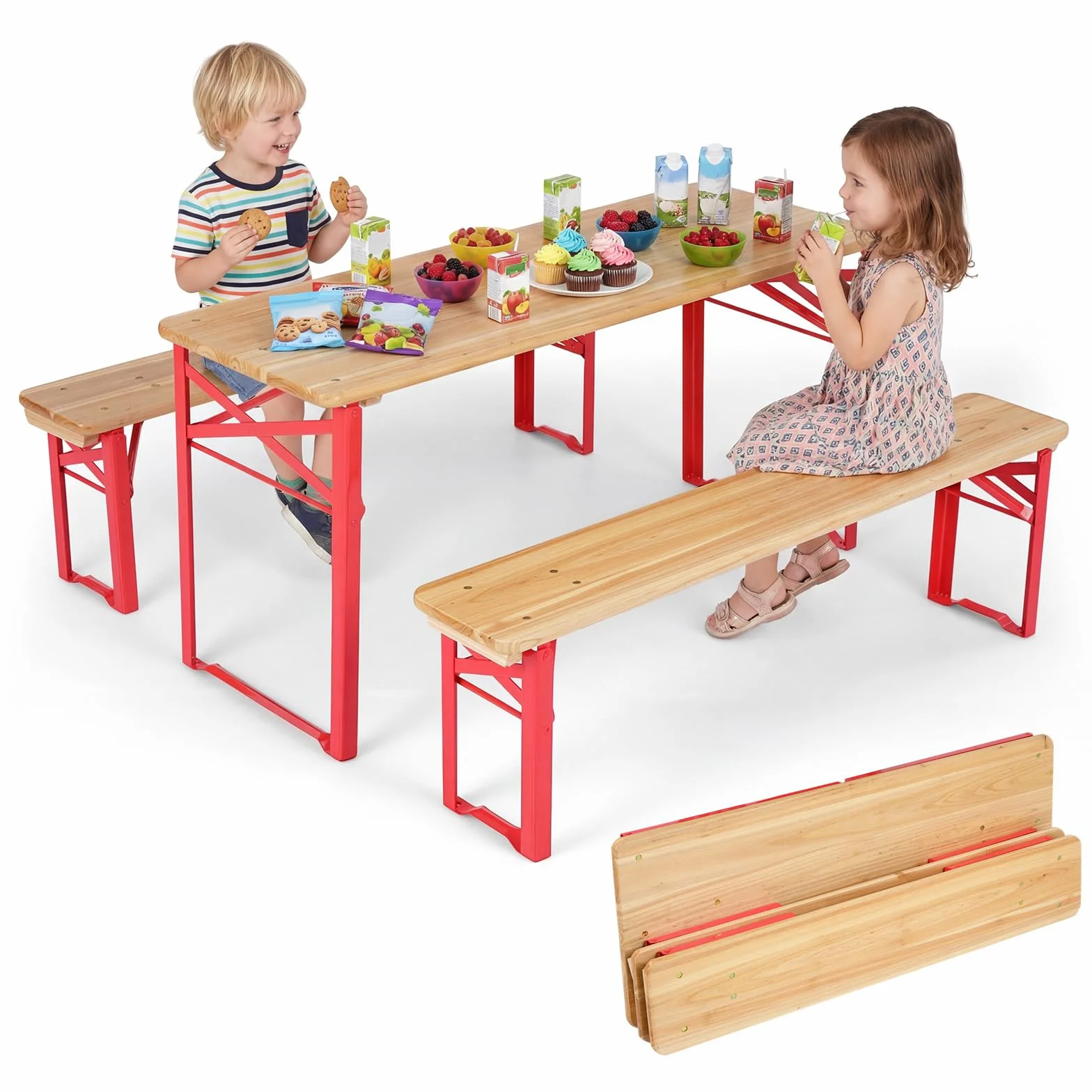 COSTWAY Juego de Mesa y 2 Bancos Plegables para Niños, Mesa de Picinc para 4 Perosonas con Tablero de Madera de Abeto, Marco de Metal, Conjunto Jardín de Asientos Infantiles