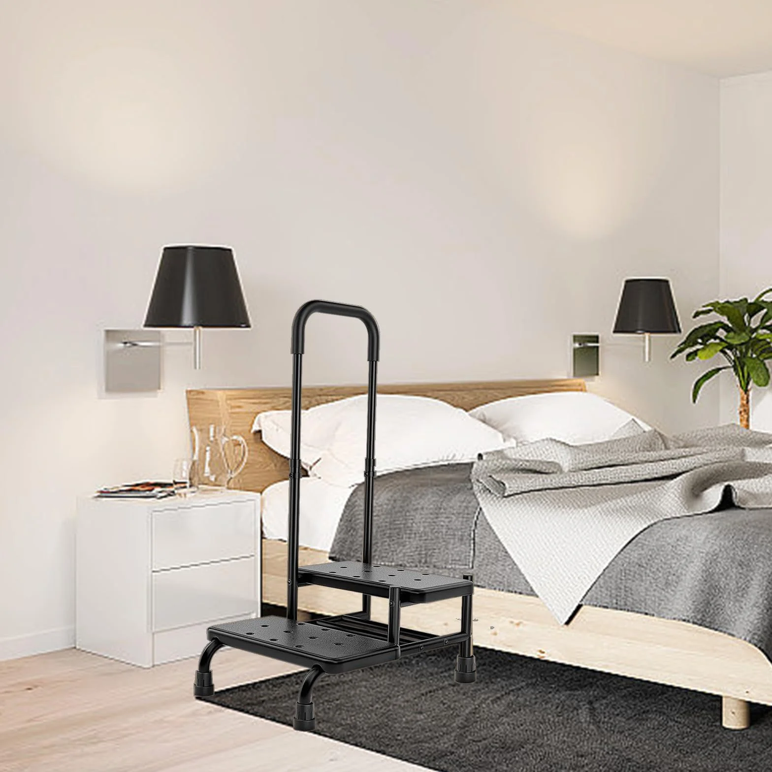 SECURA - Taburete con asa, doble peldaño hasta 160 kg, escalera con superficie antideslizante, seguridad para adultos, ancianos y niños en cocina, baño y casa