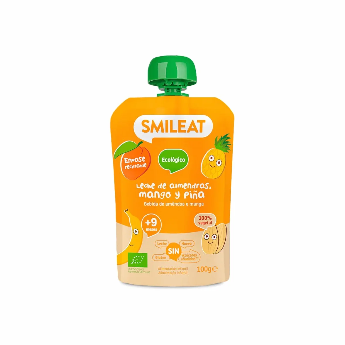 Smileat Pouch de Frutas Ecológicas Sin Azúcar Añadido Sin Gluten Snack para Peques Leche de Almendras Mango y Piña