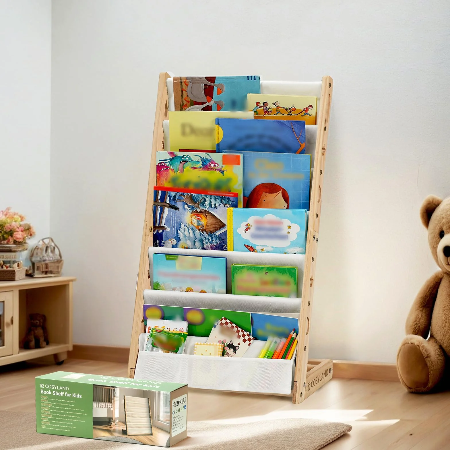 COSYLAND Estantería Infantil 7 Niveles Organizador Libros Dormitorio Guardería Sala Juegos Natural Mediano