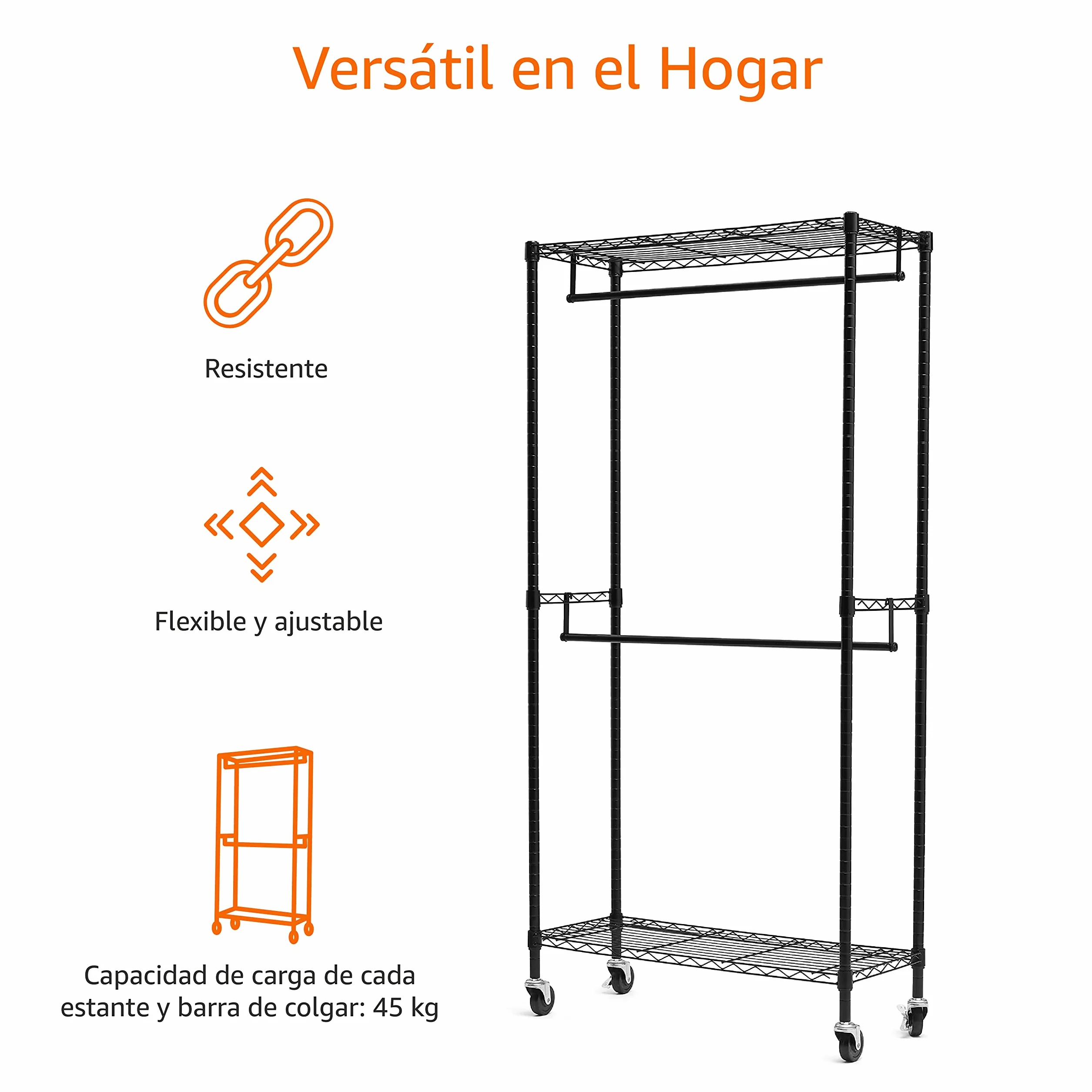 Amazon Basics Perchero de ropa de doble barra con ruedas, Negro 91,4 cm x 35,5 cm x 183 cm